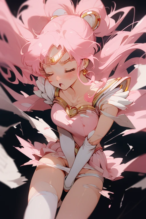 head to thigh, close up, blow off , closed eyes, perfect anatomy, white panty, pink clothes, sailormoon, sad, :o, moaning, bleed, dirty, torn clothes, detailed background
