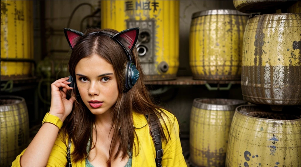 ((reduce nose and grain in entire image)), GIRL 12 YEARS OLD , LONG, CLOSE UP, RUSSIAN STYLE HEADPHONES and cat ears, VaultGirl suit, a closeup of a large pile of ((yellow barrels with radioactive symbols)), nuclear waste, radioactive wastelands, toxic waste, radioactive particles, nuclear wastelands, radioactive, uranium, nuclear, nuclear fallout, post-nuclear, nuclear fashion, post-nuclear fallout,  nuclear energy, future of nuclear energy, nuclear, nuclear art, nuclear reactor, nuclear energy, radiation, toxicity, contaminated, , the scene  post apocalyptic and everything looks old and dingy and dirty, ending machine, nuka cola, sci-fi vending machine, wearing (vaultsuit with pipboy3000 on wrist), in 8K、ultrasharp、huge tit、Raw skin  exposed in cleavage