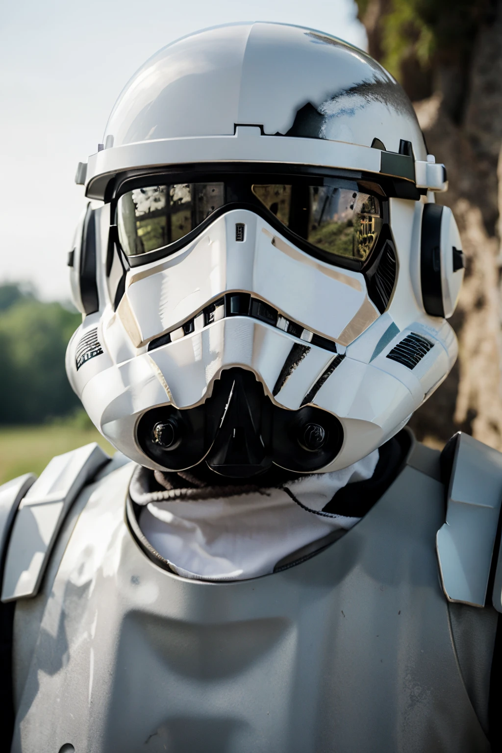 Stormtrooper, gezeichnet vom Krieg, damaged armor, scratches across the helmet, farbliche schultern alleine auf einem felsen, im hintergrund mehr felsen, kniet auf einem Bein, blick in die ferne gerichtet, waffe unter den Arm geklemmt, shallow depth of field, Feine Details, kompliziert, (Blendenfleck:0.6), (Hintergrundbeleuchtung:0.8), (bloom:0.8),