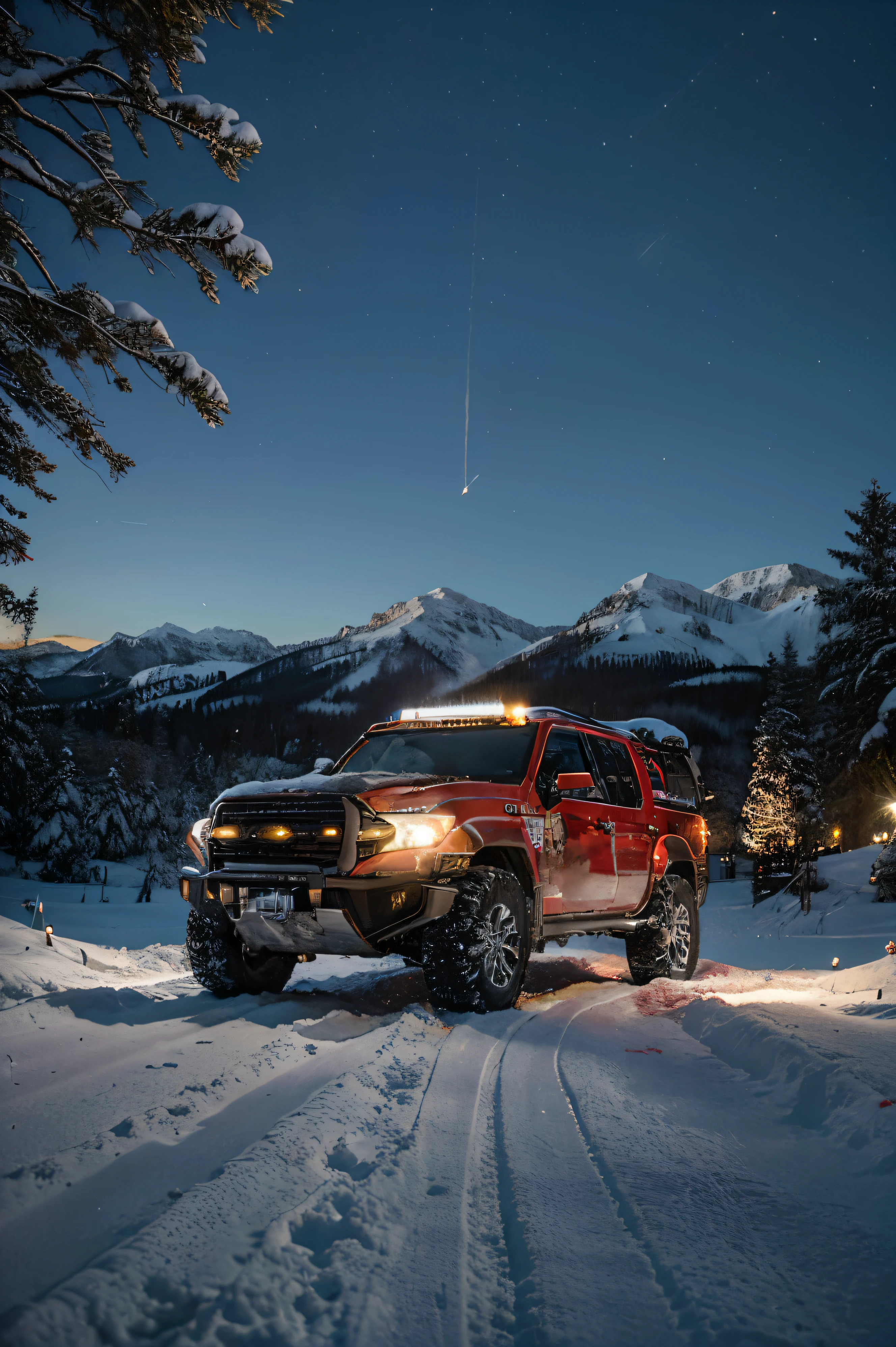 Create a breathtaking holiday masterpiece with an off-road setting that perfectly combines the thrill of adventure with the magic of the festive season. Imagine a powerful off-road vehicle, meticulously decorated with vibrant holiday lights, seasonal ornaments and decorations, traversing an awe-inspiring winter wonderland. A paisagem nevada deve brilhar com o brilho suave do luar, accentuating the vehicle'trilhas enquanto conquista uma trilha off-road desafiadora e encantadora. Includes a majestic backdrop of snow-capped mountains that adds a sense of grandeur to the scene. Capture the essence of joy and celebration by incorporating a beautifully decorated Christmas tree safely mounted in the vehicle, and maybe even a group of vacation enthusiasts gathered around a campfire, toasting the spirit of adventure and magic of the time. The image should evoke a sense of wonder, arousal, and the pure excitement of embracing the Christmas spirit outdoors.