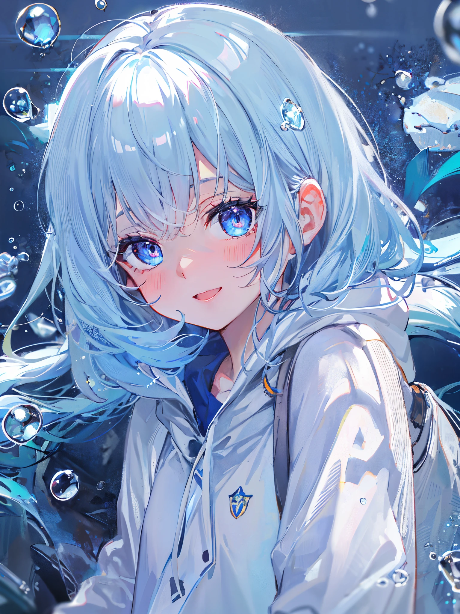 ((top-quality)), ((​masterpiece)), ((ultra-detailliert)), (Extremely delicate and beautiful), girl with, report, cold attitude,((White hoodie)),She is very(relax)with  the(Settled down)Looks,depth of fields,Evil smile,Bubble, under the water, Air bubble,Underwater world bright light blue eyes,inner color with bright gray hair and light blue tips,,,,,,,,,,,,,,,,,,,,,,Cold background,Bob Hair - Linear Art, shortpants、knee high socks、White uniform like school uniform、Light blue ribbon ties、Clothes are sheer、The hand in my right pocket is like a sapphire,Fronllesse Blue, A small blue light was floating、fantastic eyes、selfy,Self-shot、Bangs fall on the eyes, give a sexy impression.