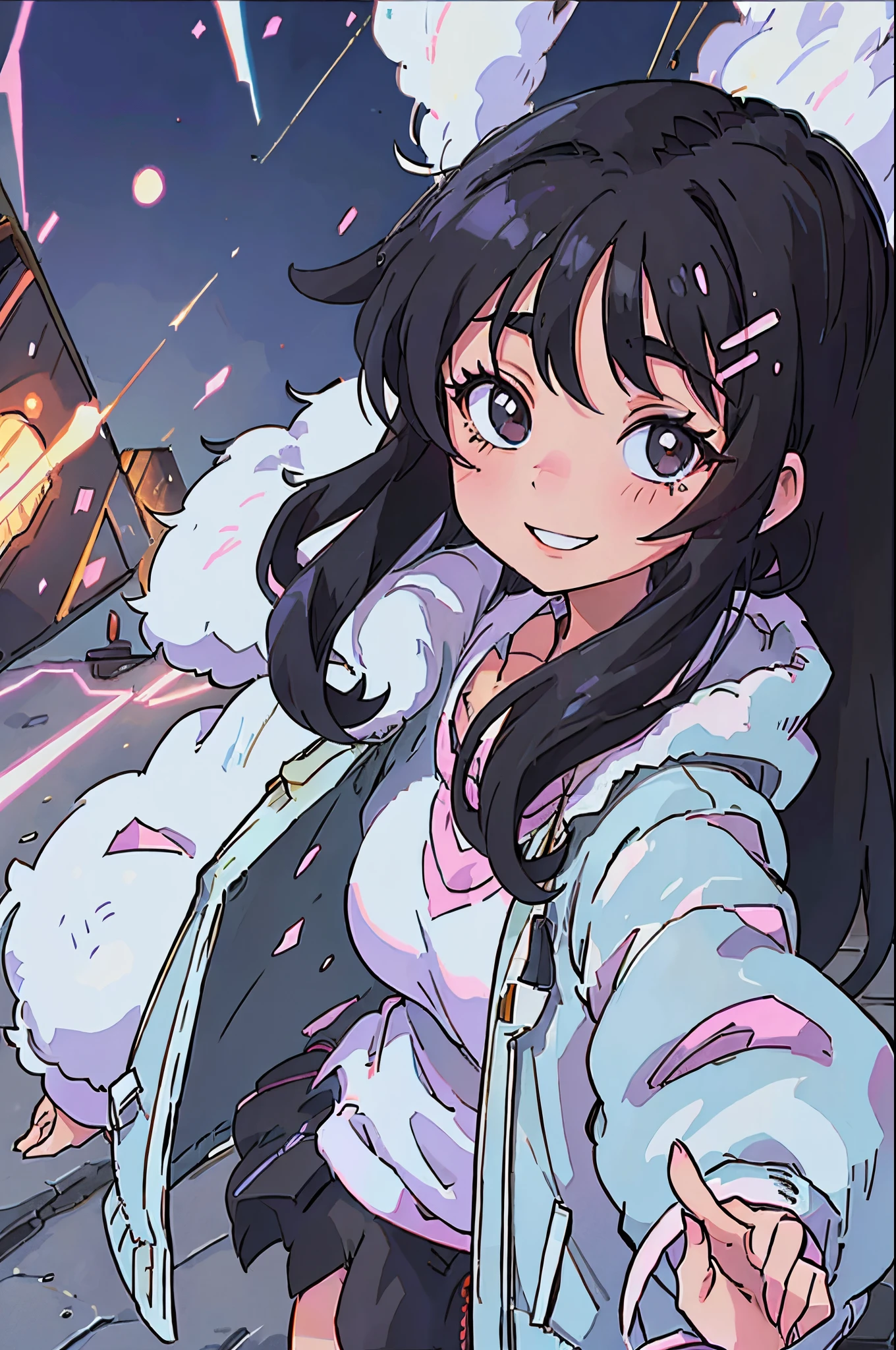 anime stylish girl, Wear fluffy outerwear, illuminations, Long Black Hair, A smile, 1990s anime