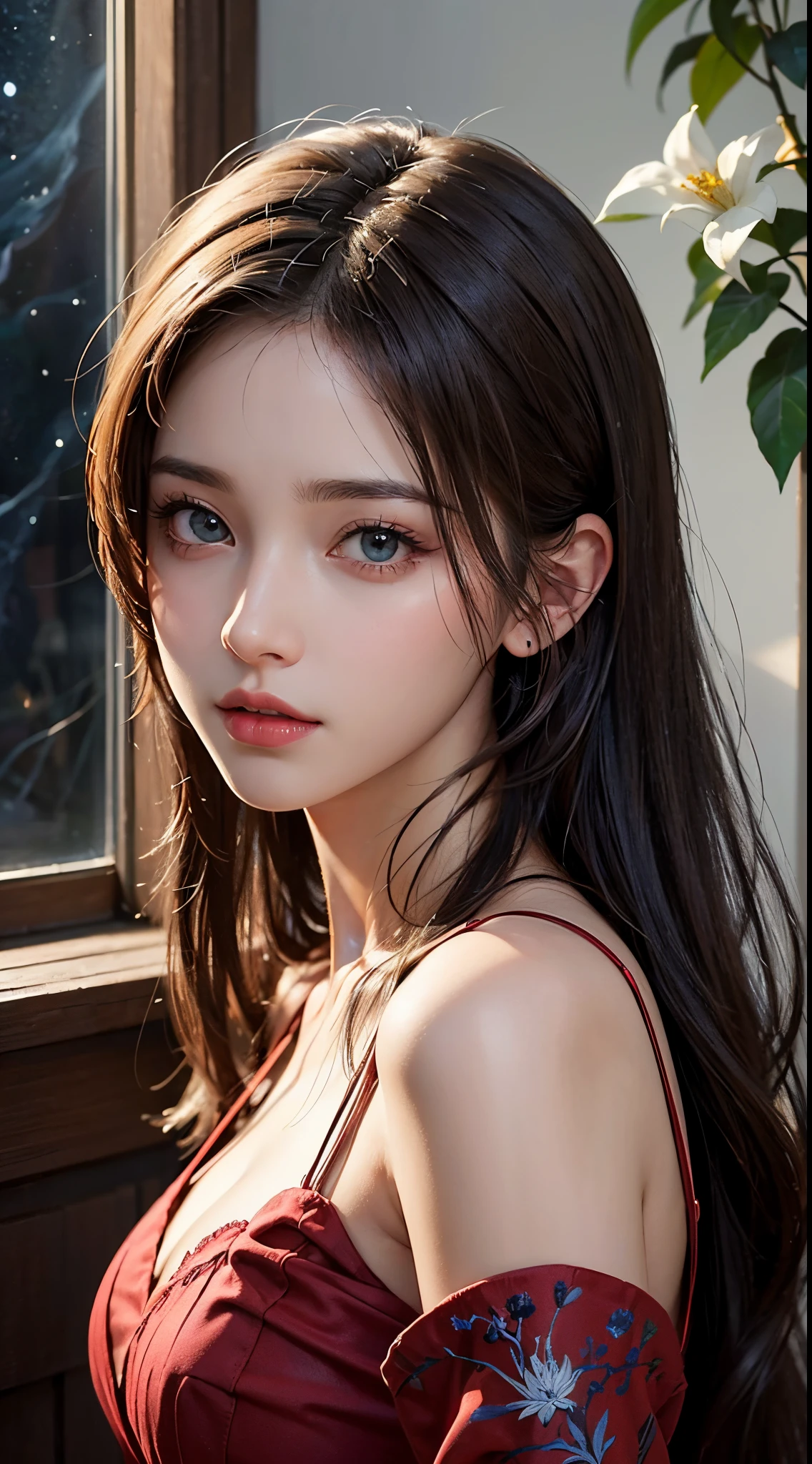 Trends on ArtStation, Trends on CGSociety, Intricate, High Detail, Sharp Focus, Dramatic, starry night sky, Aerith of Final Fantasy7, Aerith's original Final fantasy 7 costume, 25 years old, mature looking, Realistic Art of Drawing, Sketch, Masterpiece, Best Quality, Very Detailed, 1female, Half-body, head to bust image scope, close-up shot, beautiful red dress, standing position, Beautiful Meticulous Eyes, Cute Face, Bust, big bossoms, Beautiful Meticulous Face, White Hair, (Botanical Illustration: 1.5), bigger breasts