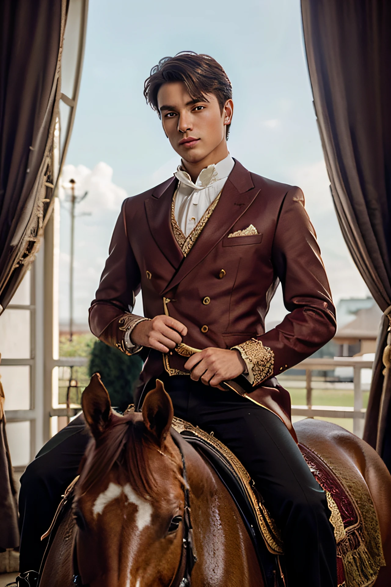 1 jovem, em um cavalo, like the last romantic, clothes like a prince