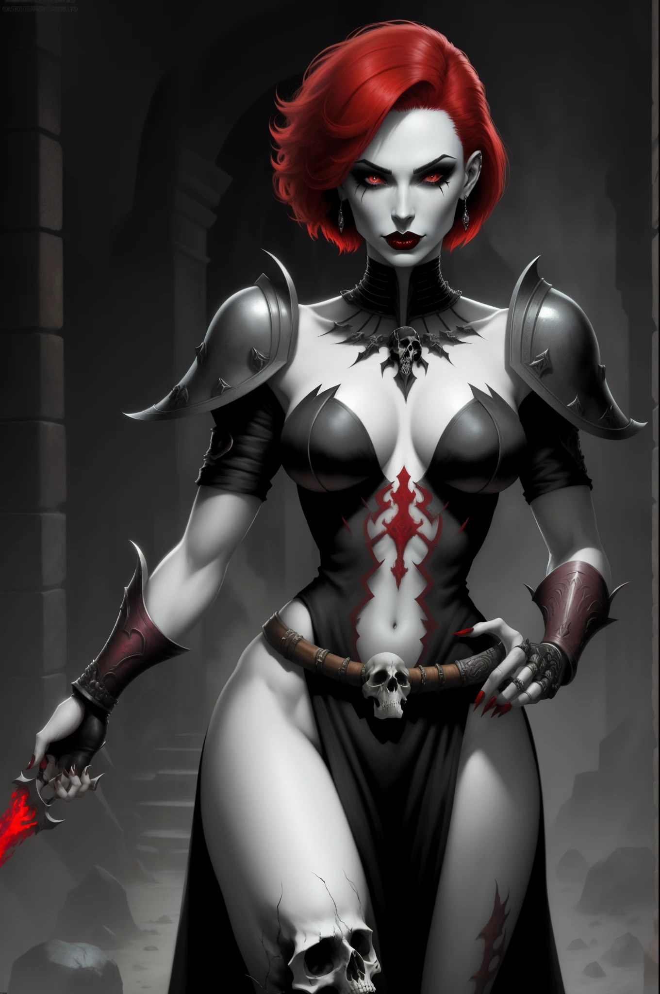 Fantasy Female Necromancer with pale skin and short red hair , clyde caldwell, dark mascara, heavy makeup, skulls