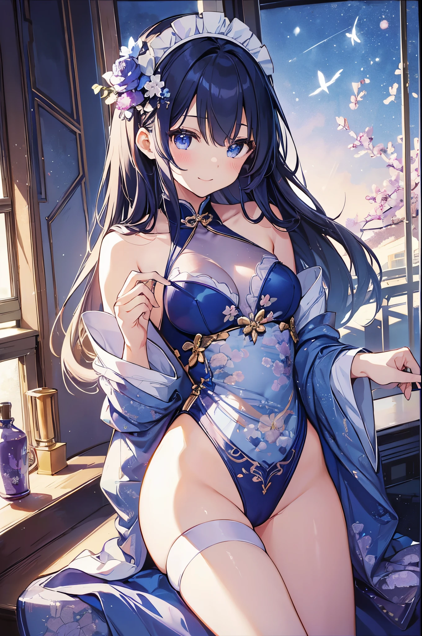 ((2D beautiful girl、top-quality、perfect finger 15、Perfect Anatomy 1.1、extremely delicate and beautiful illustration))、Slender Beautiful Girl、Blur the background、(transform sequence)、((maid style leotard))、ars、a juninder and beautiful legs、Fractal Art、baby-face、((stright long hair)g drog eyes、A smile、(1 persons)、(Kimono-style leotard)、Beautiful room with night view、The color of the costume is blue and white、Put your hands behind your back、The angle is full body、