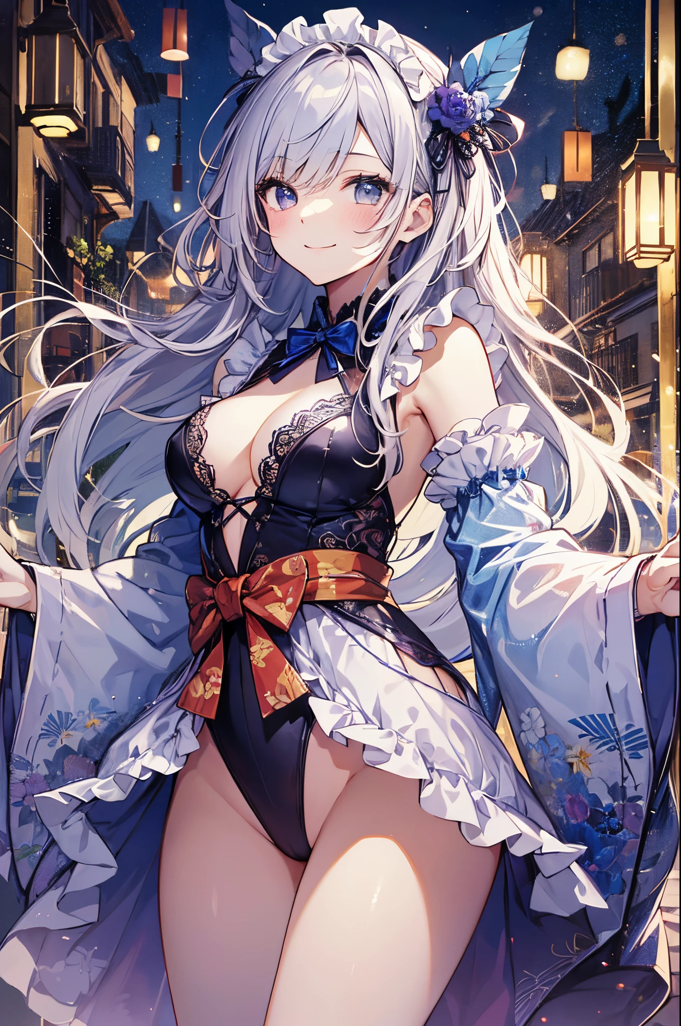 ((2D beautiful girl、top-quality、perfect finger 15、Perfect Anatomy 1.1、extremely delicate and beautiful illustration))、Slender Beautiful Girl、Blur the background、(transform sequence)、((maid style leotard))、ars、a juninder and beautiful legs、Fractal Art、baby-face、((stright long hair)g drog eyes、A smile、(1 persons)、(Kimono-style leotard)、Beautiful room with night view、The color of the costume is blue and white、Put your hands behind your back、The angle is full body、