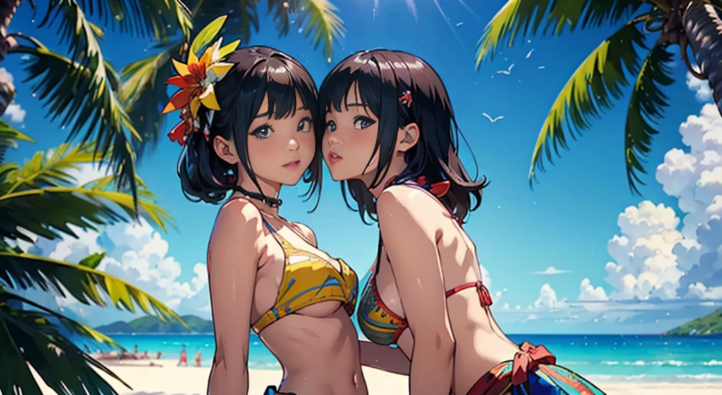 ​masterpiece、top-quality、超A high resolution、 [ 4 k digital art ]!!、 8k high quality detailed art、Wallpaper、 Detailed Digital Anime Art、Realisticity、Cinema Angle、hposing Gravure Idol、(((Two beautiful girls)))、((Two people kissing cheek to cheek))、cute  face、 ((Detailed depiction of a beautiful face))、kindly smile、年轻、Bikini swimwear、Photorealistic perfect body、(Bold ethnic patterns wrapped around the waist and skirt and plenty of primary colors)、light Particle、llight rays、Tropical、Against the background of palm trees on both sides、on a sunny beach、Against the background of the sea、blur backgroun、