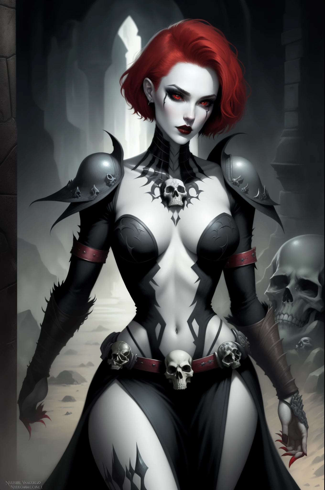 Fantasy Female Necromancer with pale skin and short red hair  , clyde caldwell, dark mascara, heavy makeup, skulls