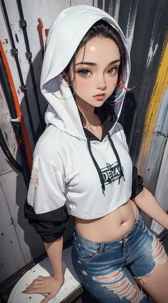 (((8k wallpaper of extremely detailed CG unit:1.2, masterpiece, hight resolution:1.2, top-quality:1.2))), ((a very beautiful woman, Street fashion, wearing a short sleeve hoodie, Wearing denim hot pants:1.2)), ((extra detailed face, Highly detailed black eyes, extra detailed body, Top quality real texture skins)), (A dark-haired, length hair, de pele branca:1.2, Small, Exposed belly), (colorfully painted wall), (high-angle), hyper realisitic, digitial painting,
