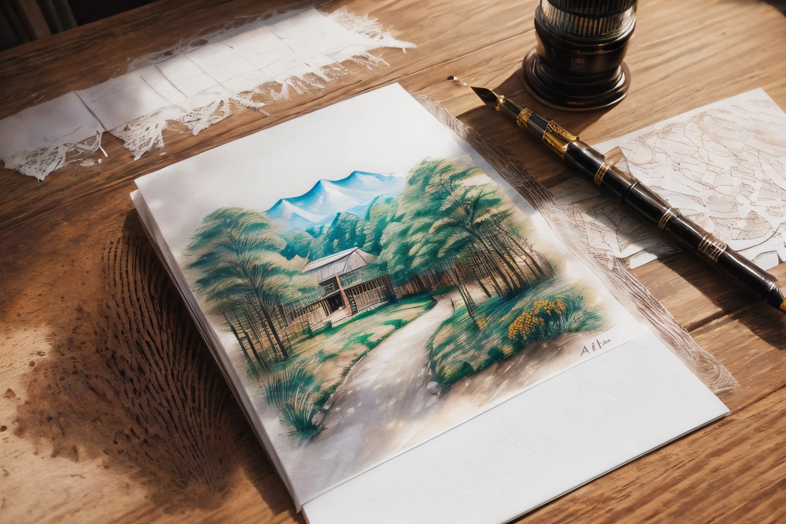 An ink pen and a postcard lie flat on a wood-grained table.The picture on the postcard  a watercolor of a hand-drawn landscape (Hand drawn watercolor with large blank space)The pattern  fresh and natural，Super fine hemp rope.Dried flowers are placed randomly on the table with obvious wood grain. (Best quality at best), (ultra - detailed), (Most Best Illustration),(The best light and shadow),Art Deco, Conceptual art, Romanticism, Luminism, ray tracing, silhouette, vignetting, letterboxed, first-person view, wide shot, UHD, anatomically correct, super detail, best quality