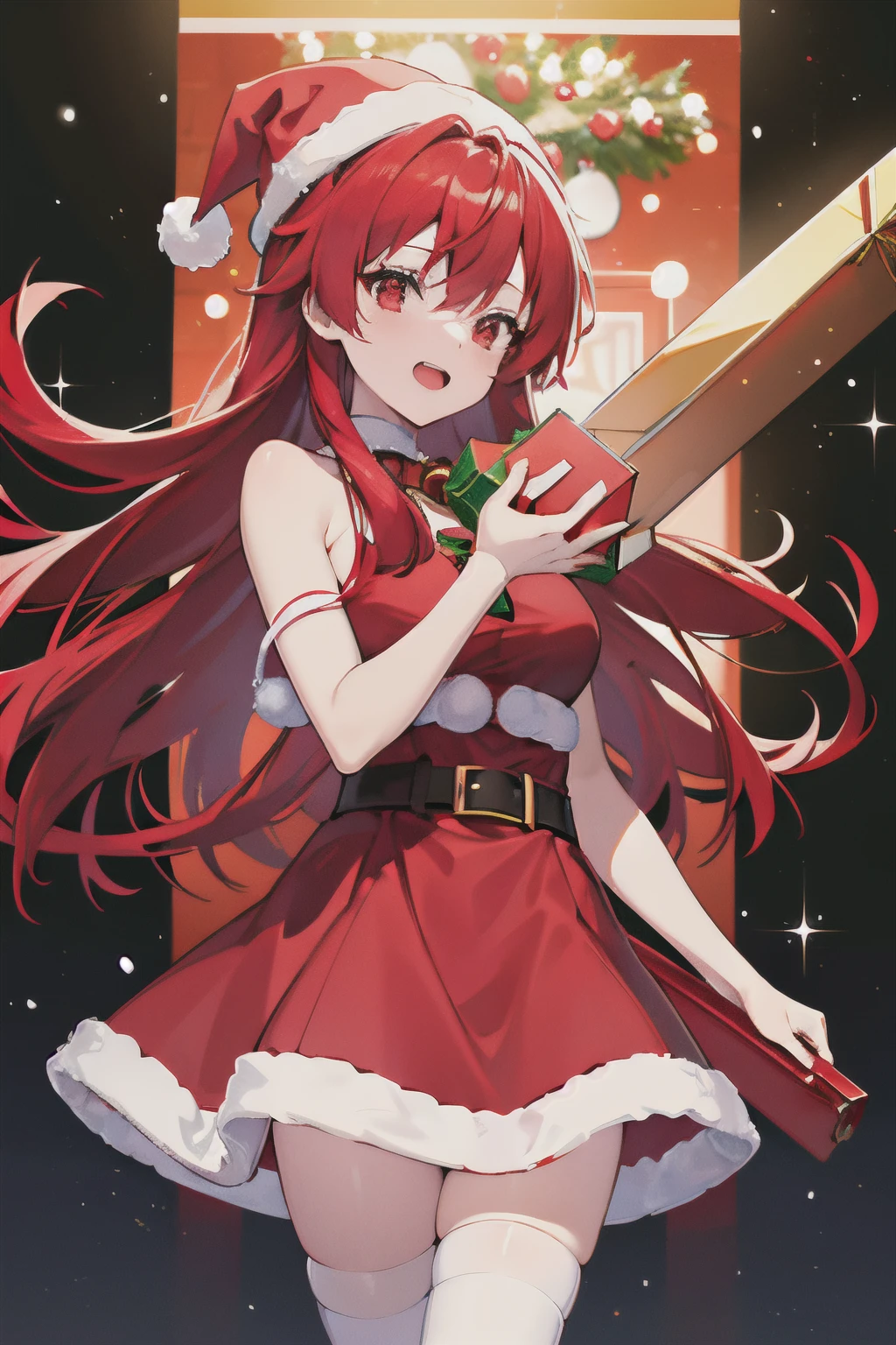 "anime girl, 1 person, bright red hair, shoulder length hair, dark red eyes, santa hat, santa tube outfit, red dress, stockings, holding christmas gift box, christmas gift box, snow falling, Christmas ,solo, front view, (full HD 4K+ photo)"