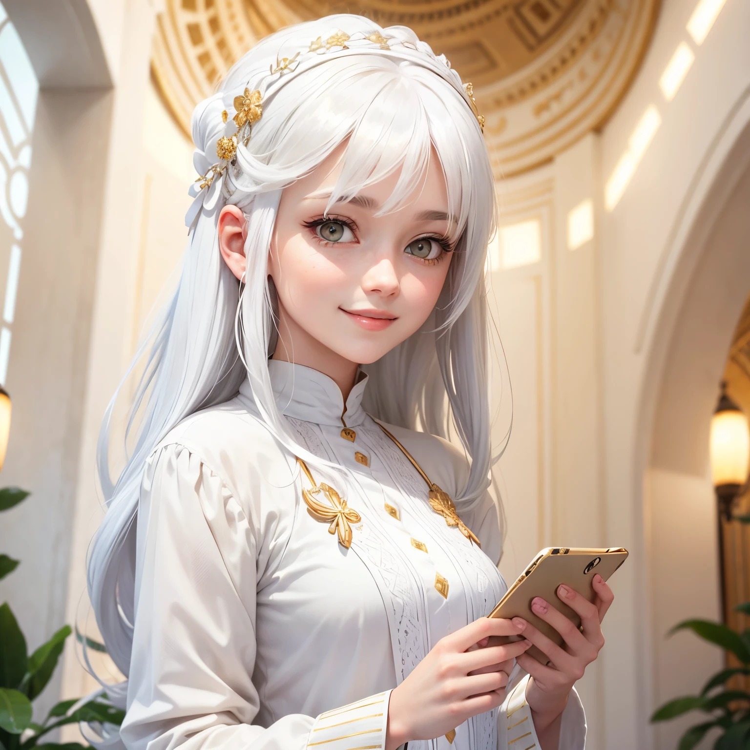 best quality, white hair, gold eyes, white clothes, looking up, upper body, hair strand, Fair skin, smiling, She is doing research on her smartphone