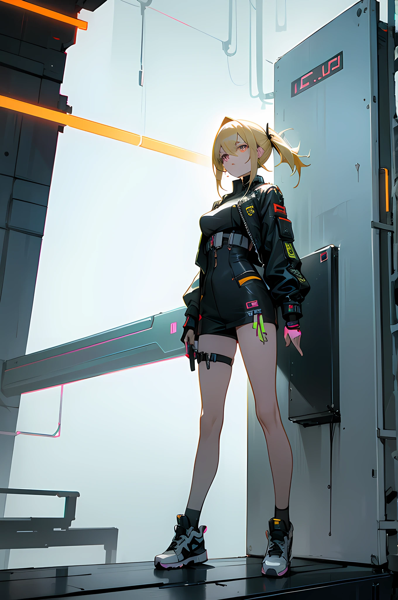 Cyberpunk Edge Runner、Lucy、Standing、a blond、white shoe、Neon atmosphere、Medium chest
