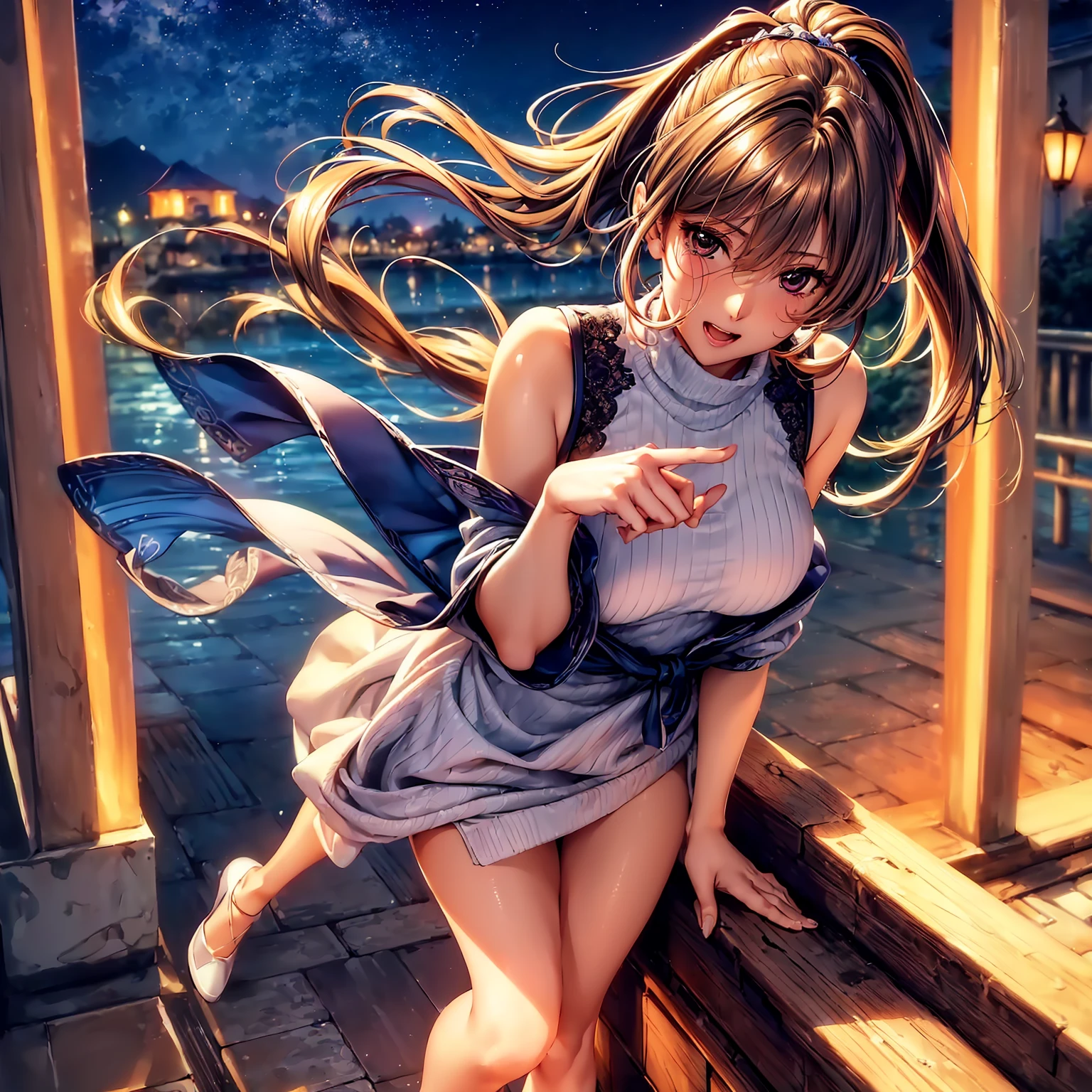 (((Best Quality、top-quality、​masterpiece、very high res、An ultra-high picture quality、Perfect Pixel 1.5))), (((,A woman of perfect and ultimate beauty, Single,brown hair in a ponytail,Beautuful Women))), (kawaii faces、Well-formed contours、Japan Hairstyles、Variety of hairstyles、Perfect Style、beauty legs)、(((wearing sweater、Wear a long stall、Long stalls unfold radially、shoulders are exposed、Excellent fashion sense、1.2)))、((E Cup Breast)), ((Strong-willed eyes:1.4, rounded eyes, Beautiful eyelashes, Realistic eyes)), ((Detailed face, Blushing:1.2)), ((realistic skin textures,Realistic texture, Photorealsitic:1.1, Anime CG style, vivd colour、Default Skin)),((Dynamic Pose, Portrait、Dynamic Angle, Perfect body,Full body)), Smile, Open mouth、On the bridge at night、Street lights will turn on、nightcity、The wind is blowing、night view from the bridge、beautiful night scene、beautiful anime woman, Beautiful Art Style, an animated character、The whole picture、Detailed picture、accurate anatomy、Defect-free images、natural soft light、beautiful image、extremely detailed picture、(Best Shot 1.2)