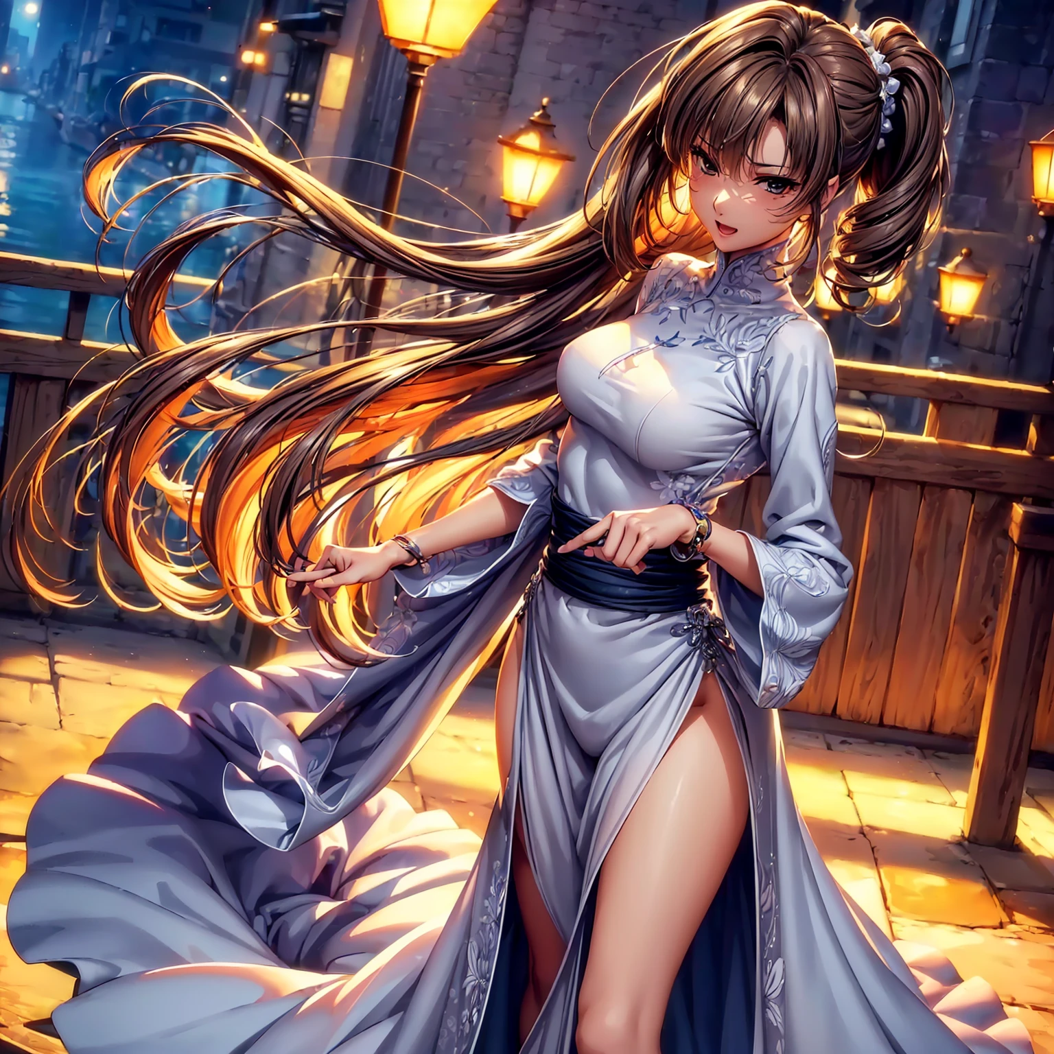 (((Best Quality、top-quality、masterpiece、very high res、An ultra-high picture quality、Perfect Pixel 1.5))), (((,A woman of perfect and ultimate beauty, Single,brown hair in a ponytail,Beautuful Women))), (kawaii faces、Well-formed contours、Japan Hairstyles、Variety of hairstyles、Perfect Style、beauty legs)、(((wearing sweater、Wear a long stall、Long stalls unfold radially、shoulders are exposed、Excellent fashion sense、1.2)))、((E Cup Breast)), ((Strong-willed eyes:1.4, rounded eyes, Beautiful eyelashes, Realistic eyes)), ((Detailed face, Blushing:1.2)), ((realistic skin textures,Realistic texture, Photorealsitic:1.1, Anime CG style, vivd colour、Default Skin)),((Dynamic Pose, Portrait、Dynamic Angle, Perfect body,Full body)), Smile, Open mouth、On the bridge at night、Street lights will turn on、nightcity、The wind is blowing、night view from the bridge、beautiful night scene、beautiful anime woman, Beautiful Art Style, an animated character、The whole picture、Detailed picture、accurate anatomy、Defect-free images、natural soft light、beautiful image、extremely detailed picture、(Best Shot 1.2)