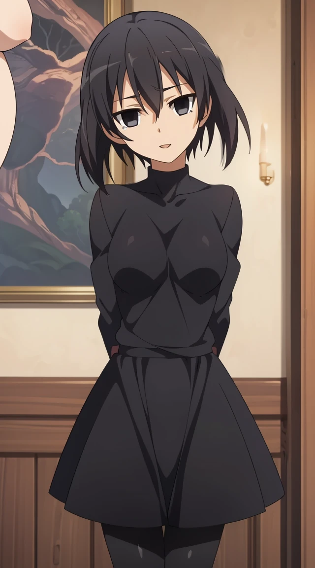 (masterpiece), best quality, expressive eyes, perfect face, kurome , black hair ,short twin ,short hair, black  eyes, medium  breasts, anime art style, official art, slightly head tilt, sexy pose, ((nude)),background modern bedroom on windows open, full body