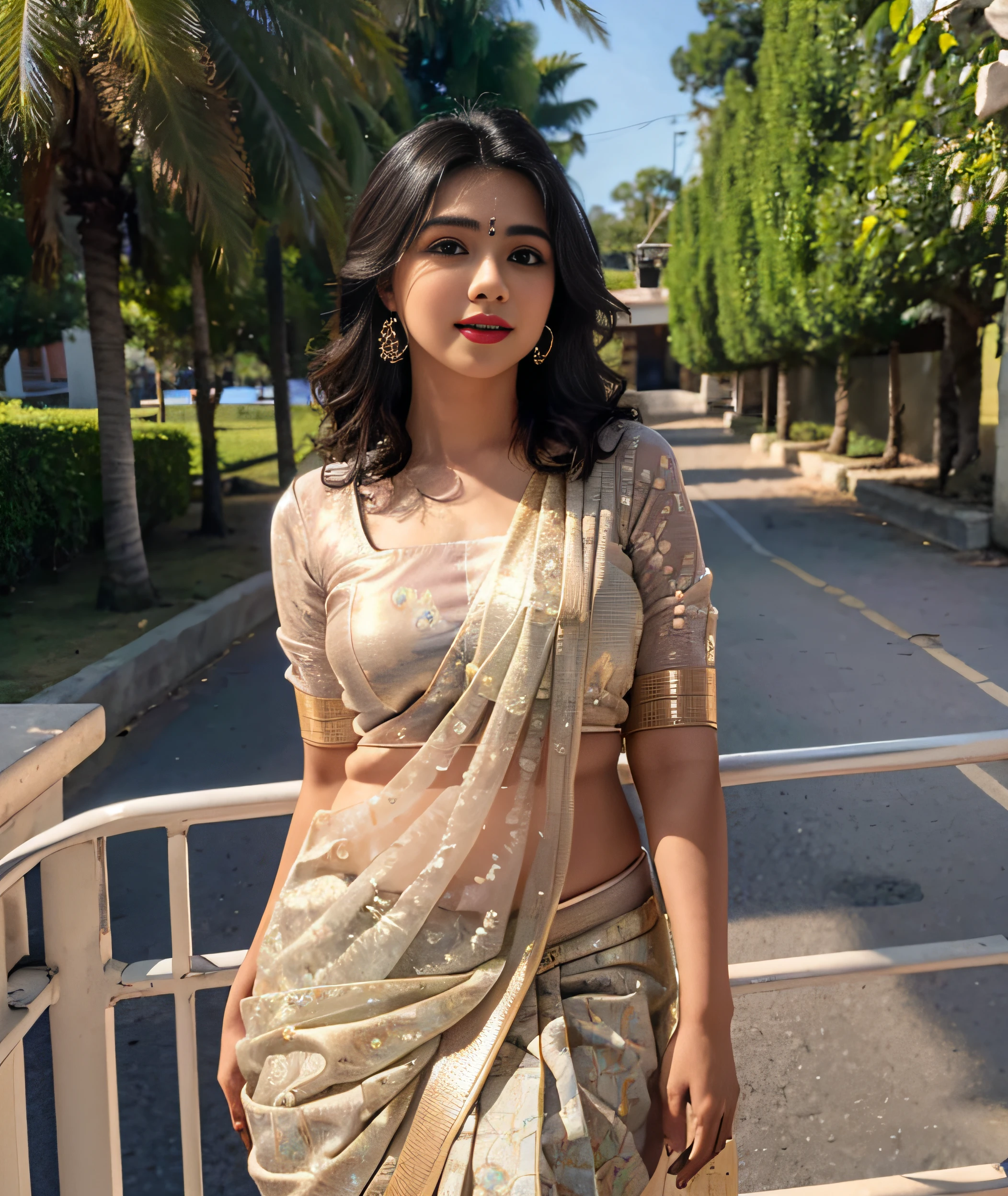 (((desi Indian girl))), chubby face and charming hair, natural skin (((highly detailed face and skin texture, 8k, ultrarealistic))), ((Masterpiece: 1.3, best quality, crisp focuit girl, enjoying the sun, happy face, (traditional indian saree), waist level pic, perfect bindi on forehead, perfect 369-26-36 figure, perfect bindi, perfect earrings, perfect nosepin