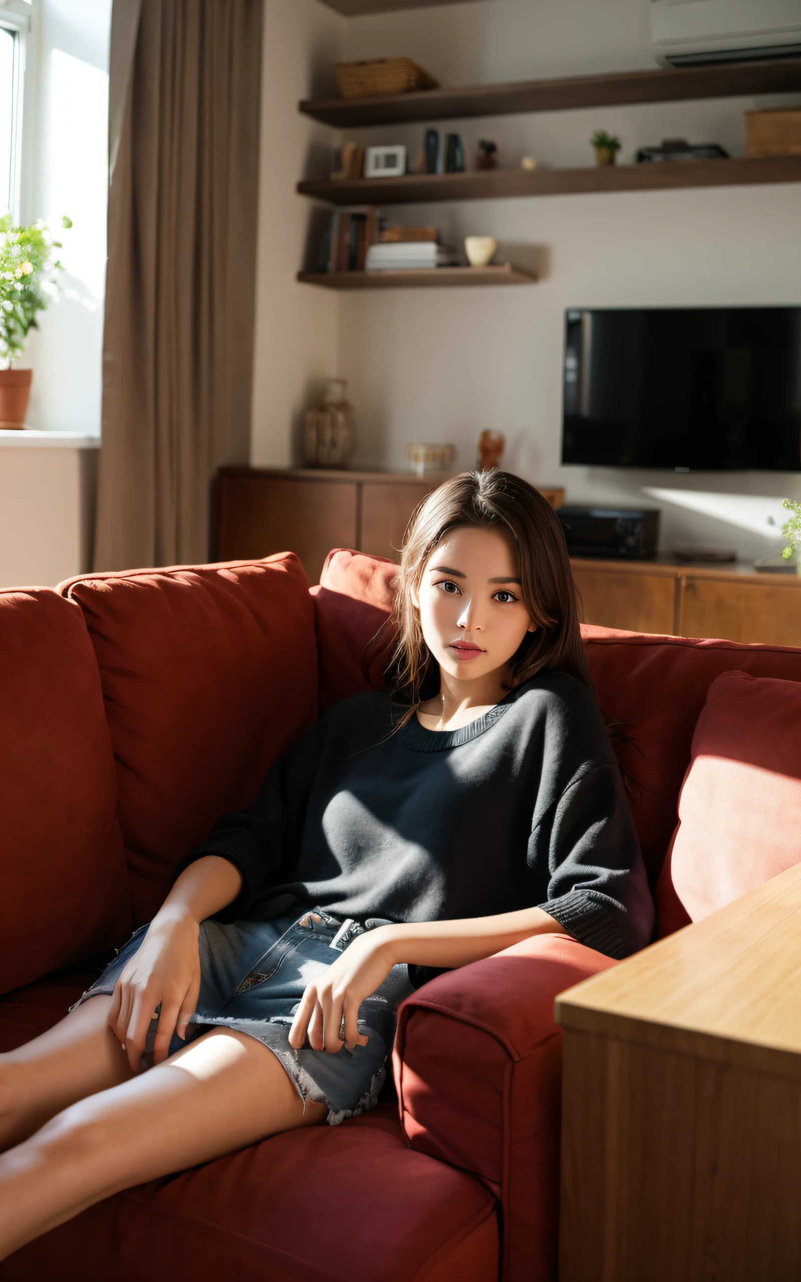 1 girl,sitting on a cozy sofa,cross your legs,soft light