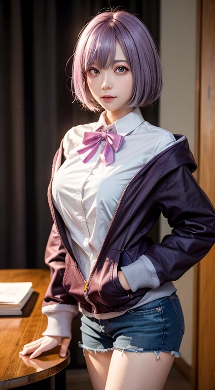 akaneshinjou, shinjou akane, light purple hair, (pink eyes:1.2), short hair,
BREAK black pantyhose, bow, collared shirt, hood, hooded jacket, jacket, open clothes, open jacket, open shirt, pantyhose, purple bow, purple jacket, school uniform, shirt, sleeves past wrists, unbuttoned shirt, white shirt,,
BREAK indoors, city,
BREAK looking at viewer, BREAK (masterpiece:1.2), best quality, high resolution, unity 8k wallpaper, (illustration:0.8), (beautiful detailed eyes:1.6), extremely detailed face, perfect lighting, extremely detailed CG, (perfect hands, perfect anatomy),