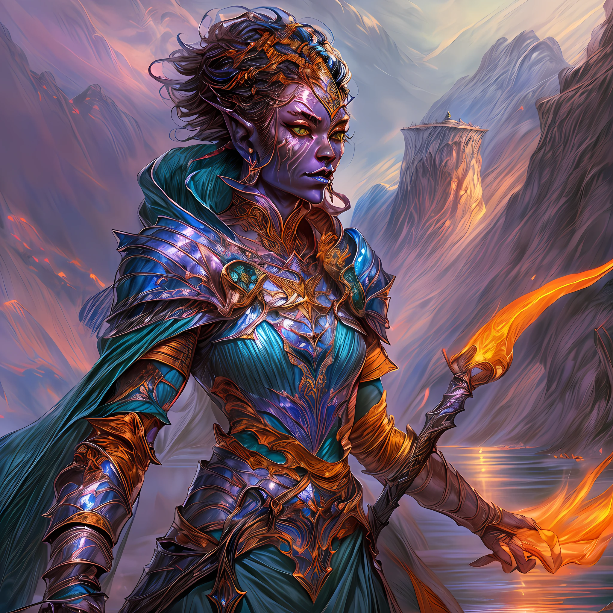 fantasy art, dnd art, RPG art, drkfntasy wide shot, (masterpiece:1.3), full body intense details, highly detailed, photorealistic, best quality, highres, portrait of a exotic race vedalken female (fantasy art, Masterpiece, best quality: 1.3) (blue colored skin: 1.3), intense details facial detail fantasy art, Masterpiece, best quality)cleric, (blue colored skin: 1.3) 1person blue_skin, (bold head: 1.4), intense green eye, fantasy art, Masterpiece, best quality) armed a fiery sword red fire, wearing heavy (white: 1.3) half plate mail armor LnF wearing high heeled laced boots, wearing an(orange :1.3) cloak within fantasy temple near river background and sun and clouds, reflection light, high details, best quality, 16k, [ultra detailed], masterpiece, best quality, (extremely detailed), dynamic angle, ultra wide shot, photorealistic, RAW, fantasy art, dnd art, fantasy art, realistic art