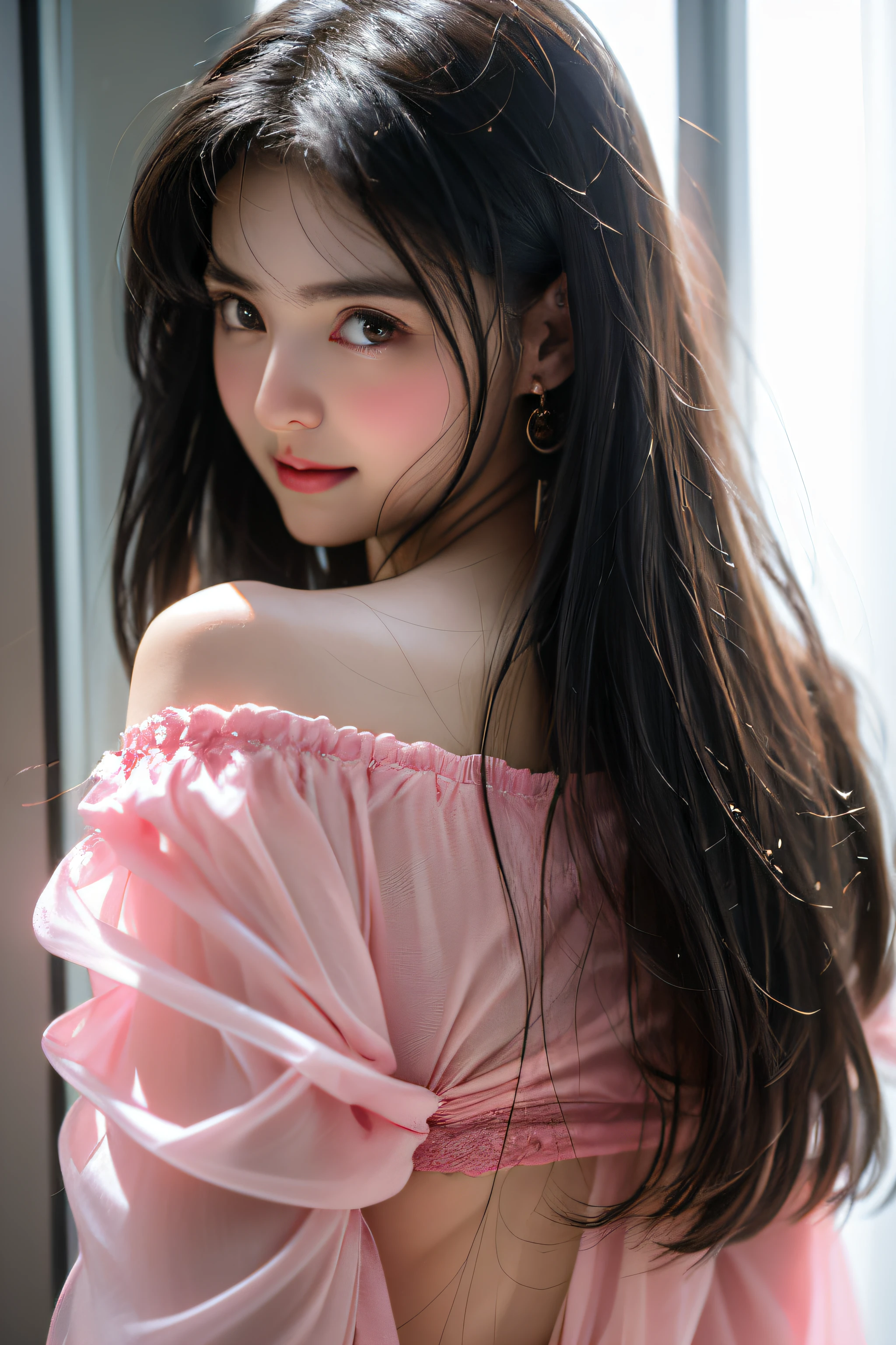  in bathroom，Wet pubic hair，Charming eyes，Heartwarming action，from the rear，Turn your face away from the camera，stooped，Bend over，turn back，Look up at your head，transparent silk pajamas ，thick long hair，Highly detailed body，Highly detailed face，best qualtiy,(Pink bra),(Off-shoulder open-front translucent blouse),