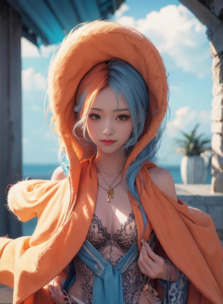 orange long hair,Nice face,Blue sling kini,Heterochromatic pupil,ssmile,apathy,Gini,fully body photo,the soft light,large hat