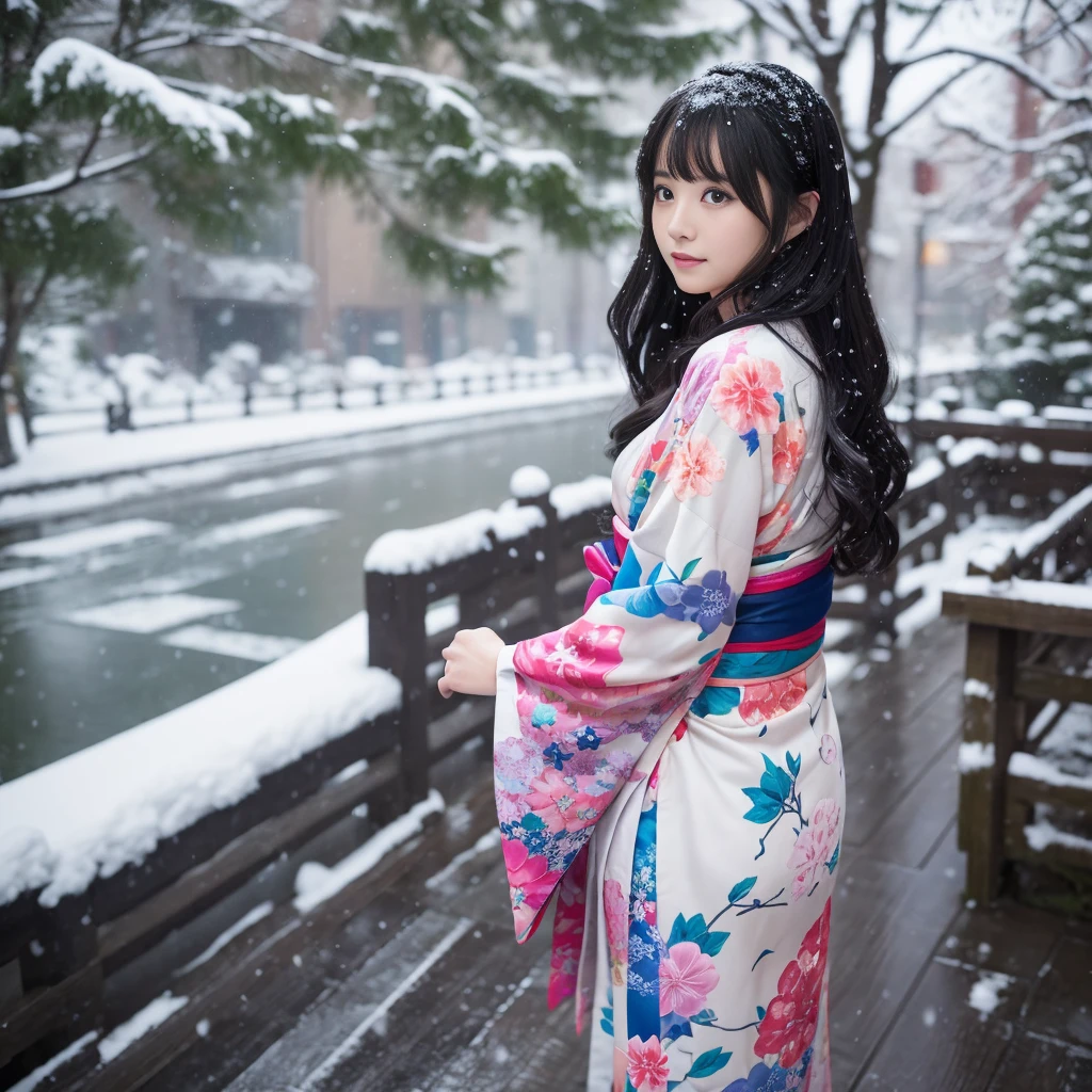 (Kimono)、(top-quality,​masterpiece:1.3,超A high resolution),(ultra-detailliert,Caustics),(Photorealsitic:1.4,RAW shooting,)Ultra-realistic capture,A highly detailed,high-definition16Kfor human skin、 Natural skin texture、、The skin looks healthy with an even tone、 Use natural light and color,One Woman,japanes,kawaii,Beautie、A dark-haired,Very big big、Middle hair,(depth of fields、chromatic abberation、、Wide range of lighting、Natural Shading、)、(Falling snow:1.2)、(Hair swaying in the wind:1.2)、(Snow reflects light:1.1)、Cleavage can be seen through the  kimono、Legs visible through  kimono（Colorful garter belt）、Angle from the back