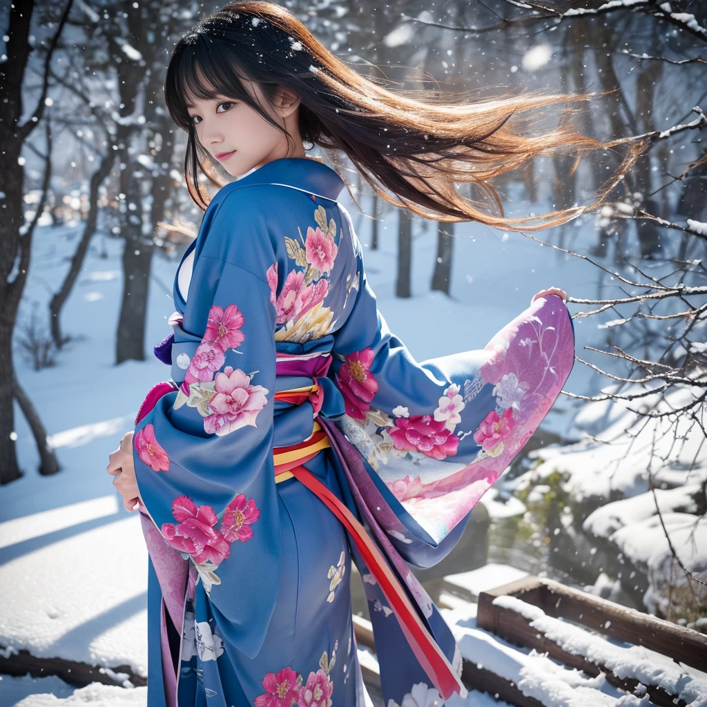 (Kimono)、(top-quality,​masterpiece:1.3,超A high resolution),(ultra-detailliert,Caustics),(Photorealsitic:1.4,RAW shooting,)Ultra-realistic capture,A highly detailed,high-definition16Kfor human skin、 Natural skin texture、、The skin looks healthy with an even tone、 Use natural light and color,One Woman,japanes,kawaii,Beautie、A dark-haired,Very big big、Middle hair,(depth of fields、chromatic abberation、、Wide range of lighting、Natural Shading、)、(Falling snow:1.2)、(Hair swaying in the wind:1.2)、(Snow reflects light:1.1)、Cleavage can be seen through the exposed kimono、Legs visible through exposed kimono（Colorful garter belt）、Angle from the back
