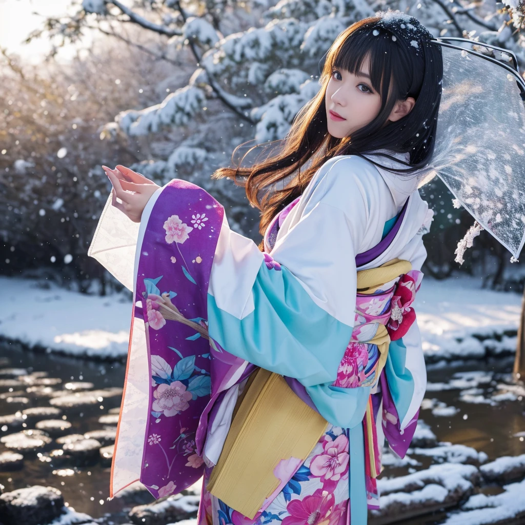 (Kimono)、(top-quality,masterpiece:1.3,超A high resolution),(ultra-detailliert,Caustics),(Photorealsitic:1.4,RAW shooting,)Ultra-realistic capture,A highly detailed,high-definition16Kfor human skin、 Natural skin texture、、The skin looks healthy with an even tone、 Use natural light and color,One Woman,japanes,kawaii,Beautie、A dark-haired,Very big big、Middle hair,(depth of fields、chromatic abberation、、Wide range of lighting、Natural Shading、)、(Falling snow:1.2)、(Hair swaying in the wind:1.2)、(Snow reflects light:1.1)、Cleavage can be seen through the exposed kimono、Legs visible through exposed kimono(Colorful garter belt)、Angle from the back