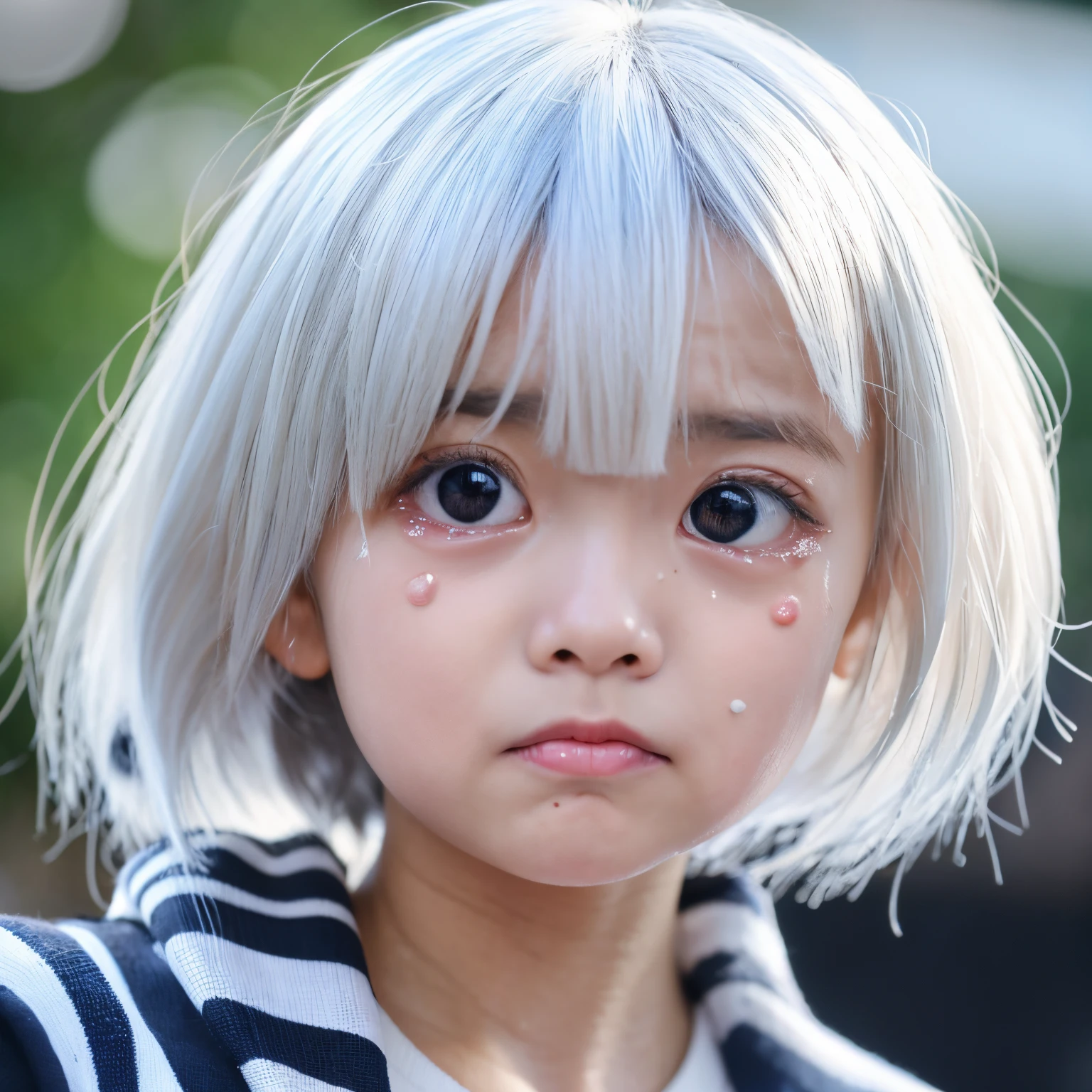 1girl in,(Chibi:1.2),Say sad, White hair, Blue Eye, pinch cheeks, Crying, Tearful eyes, Shedding tears, Crying screams, Spoken, buy ice cream