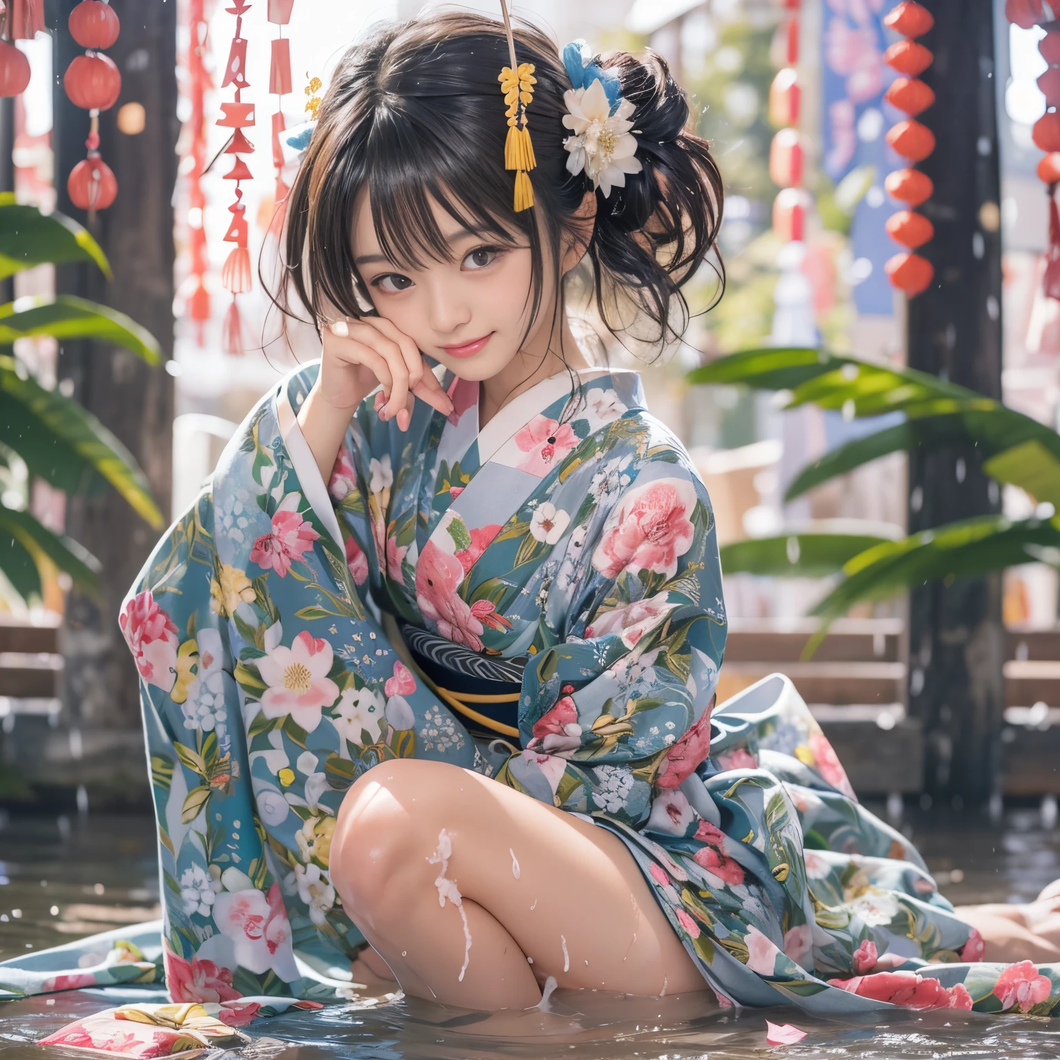 1girl, 1 0 years old, godess, nublie teen, ukranian model, flat chest, moon, lantern, night, solo, small breasts, hair ornament, wet, open kimono, japanese clothes, wading, water, hair flower, flower, outdoors, sky, full moon, rain, black hair, off shoulder, mountain, cloud, holding, sash, bare shoulders, paper lantern, standing, white kimono, night sky, flat chest, obi, teen,, younger, wet clothes, bangs, tree, reflection, short hair, cloudy sky, wet hair (((masterpiece),(extremely detailed CG unity 8k wallpaper),best quality,,solo,1girl,cinematic lighting,detailed background,beautiful detailed eyes,bright pupils, (an extremely delicate and beautiful),(Beautiful and detailed eye description), ultra-detailed,masterpiece,)) (NSFW)