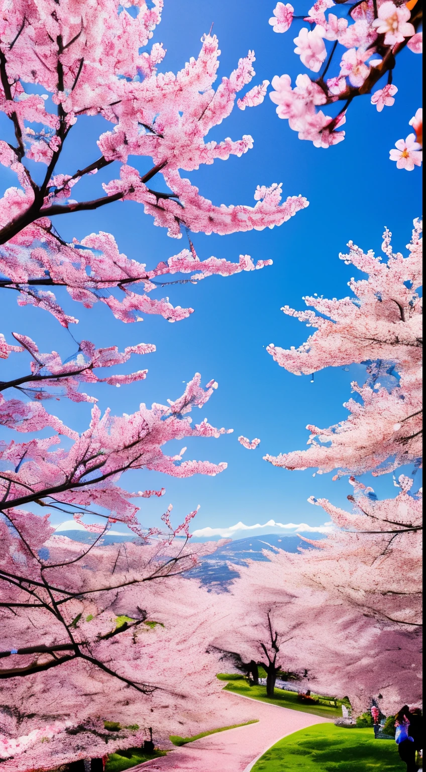Cherry blossoms, high-angle shot, vibrant colors, 4k, Spring landscape, illustration, Sunny hillside with blooming cherry blossoms, Hyperrealism