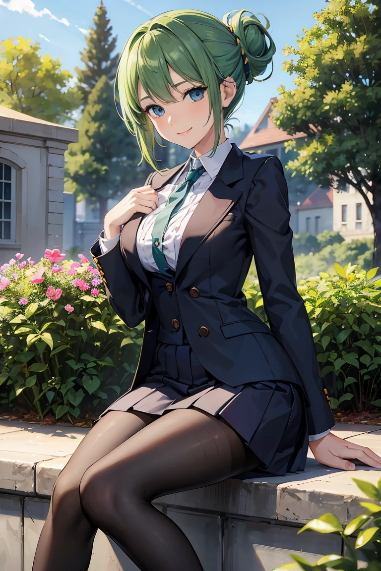 masterpiece:1.2, best quality, ((ultra detailed)), high resolution, 2d, anime style , photo, photography, detailed background, ((medium hair,half updo,green hair,medium breasts))
BREAK
solo,(droopy eyes:1.3),20 years old, (,tall face, tall female)), ((blue eyes;1.2 )),
BREAK
sitting,smile ,beautiful sky,garden,jacket,suits,skirt,black pantyhose