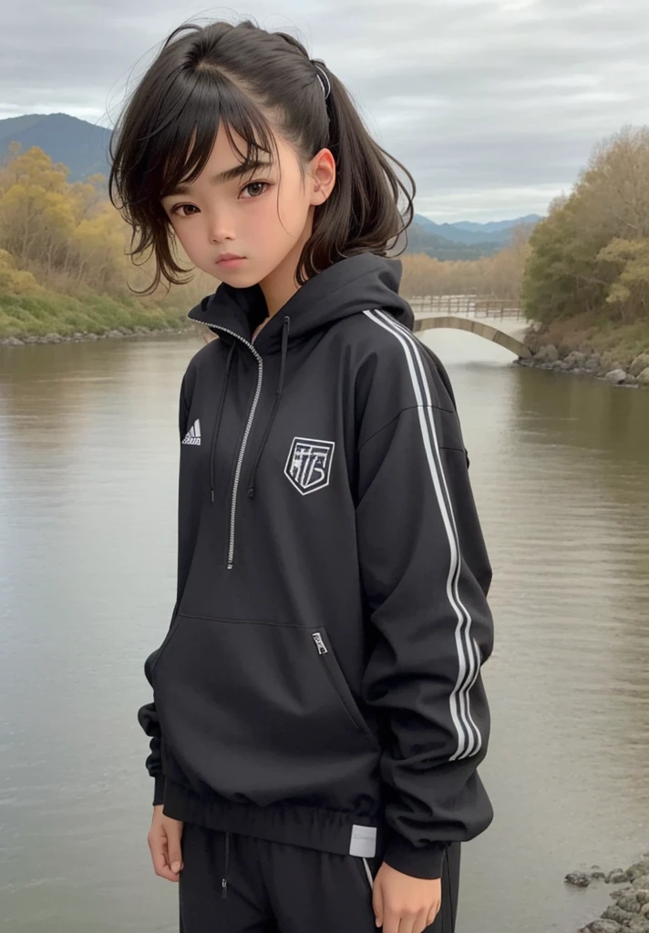 -yeld gistop on a bridge with a river in the background, Ropa de senderismo, negro, photograph of a techwear woman, Ropa negra casual, con una sudadera con capucha negra, inspirado por Ion Andreescu, Ropa negra, Ropa deportiva, Ropa negra, wearing a track suit, Ropa vestida de negro, Imagen de perfil, con una sudadera con capucha negra