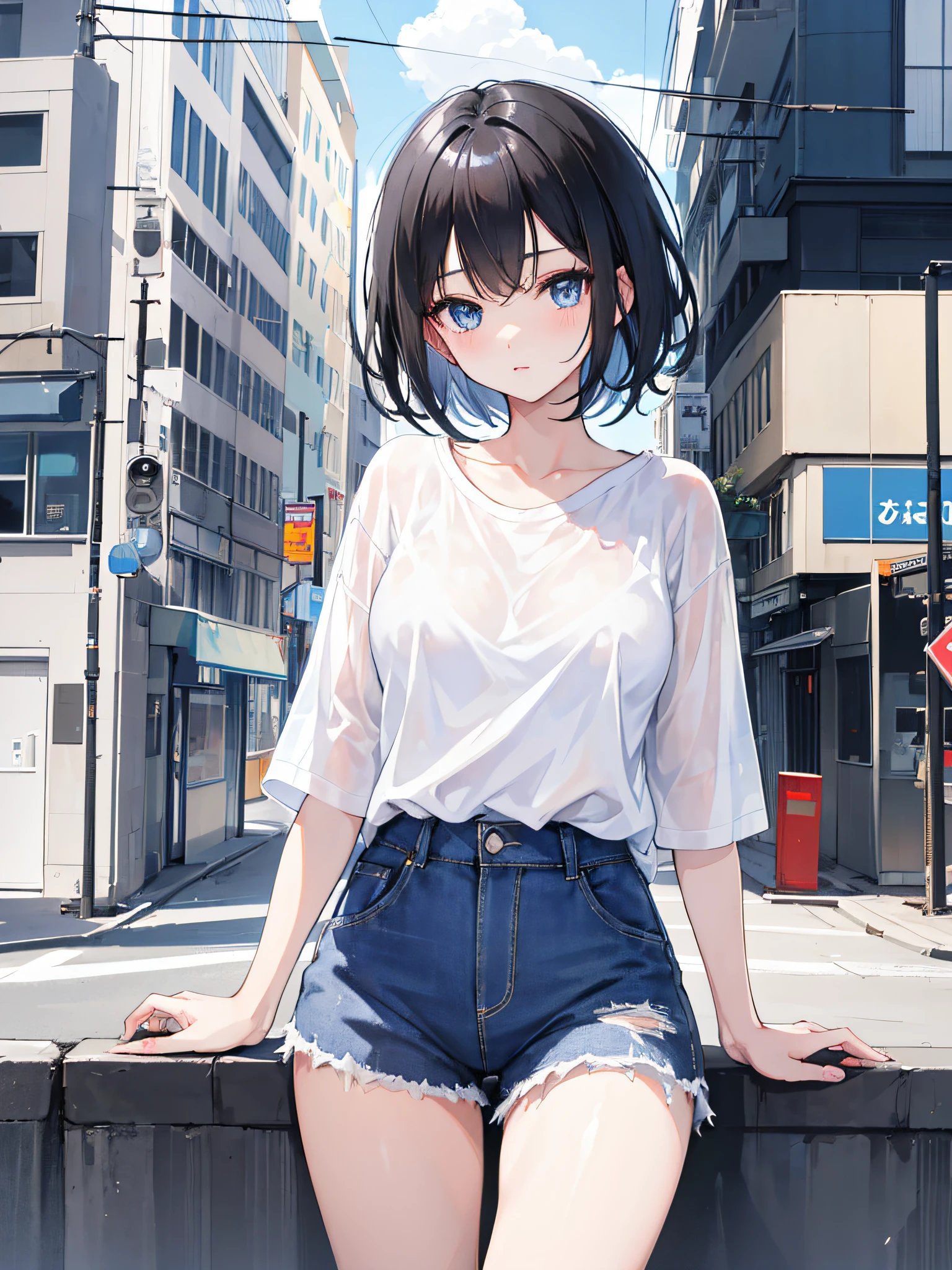 1girl, short black hair, blue eyes, wearing plain white shirt, denim shorts, city, absurdres, high res, ultrasharp, 8K, masterpiece, looking at viewer