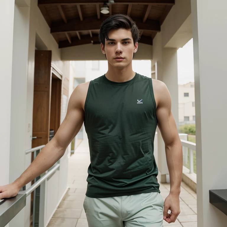 Young man, tall and athletic figure, pale green eyes and short black hair