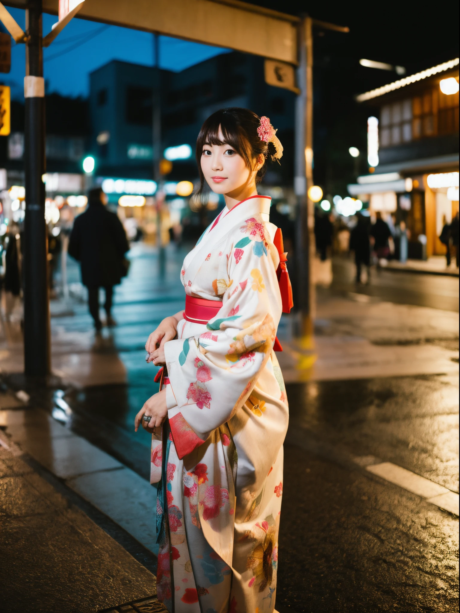 ulzzang -6500-v1.1, (Raw photo:1.2), (Photorealsitic), a beautiful detailed girl, (See-through:1.3), (Real: 1.4), A woman around 40 years old wearing a kimono standing on the street at night, classy yukata clothing, Wearing kimono, Wearing a kimono, in a kimono, bath robe, wearing royal kimono, japanese kimono, in a kimono, Kimono, Wearing a colorful yukata, Komono, wearing a haori, Classic kimono, A Japanese style, pale and coloured kimono