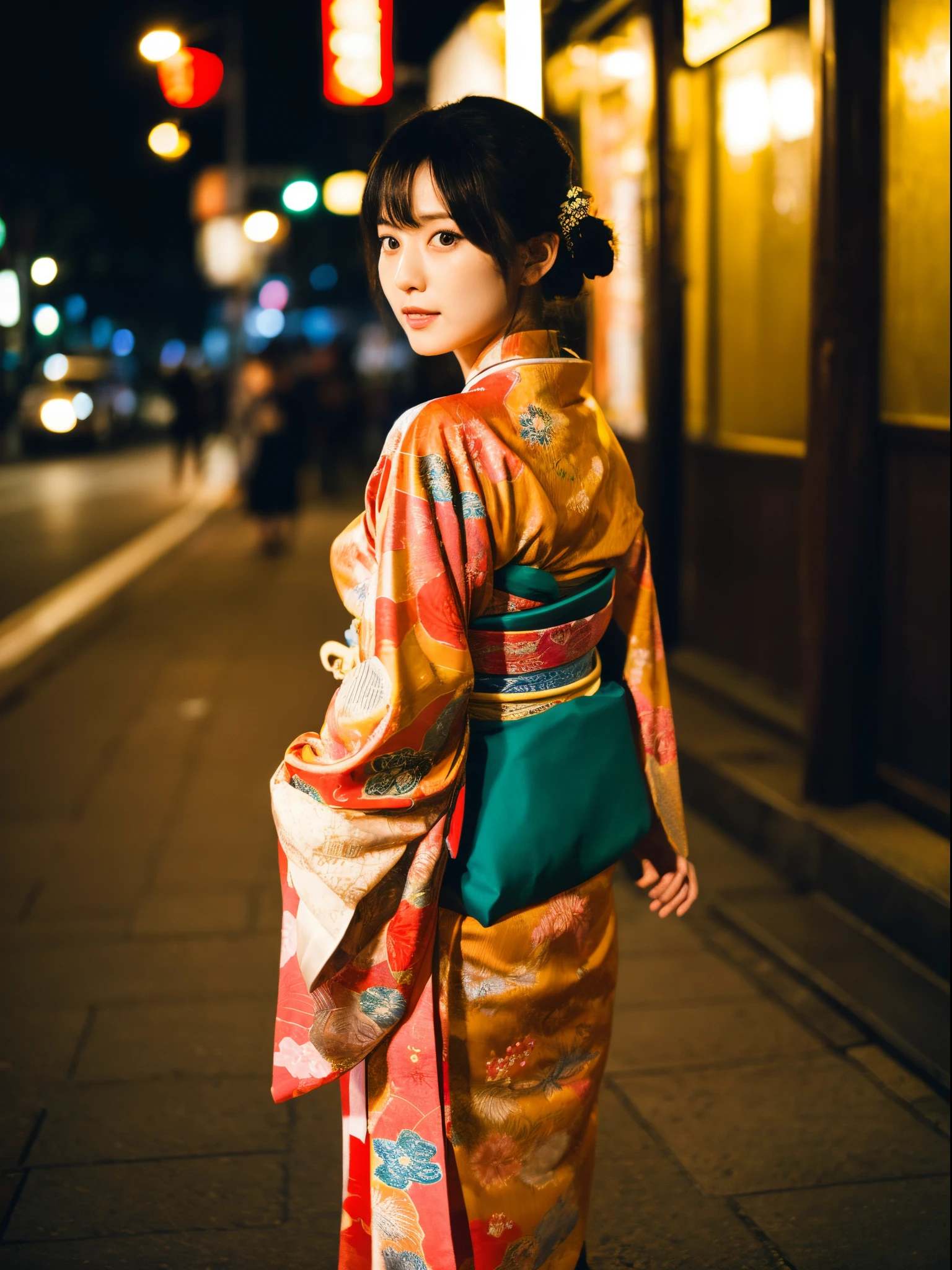 ulzzang -6500-v1.1, (Raw photo:1.2), (Photorealsitic), a beautiful detailed girl, (See-through:1.3), (Real: 1.4), A woman around 40 years old wearing a kimono standing on the street at night, classy yukata clothing, Wearing kimono, Wearing a kimono, in a kimono, bath robe, wearing royal kimono, japanese kimono, in a kimono, Kimono, Wearing a colorful yukata, Komono, wearing a haori, Classic kimono, A Japanese style, pale and coloured kimono