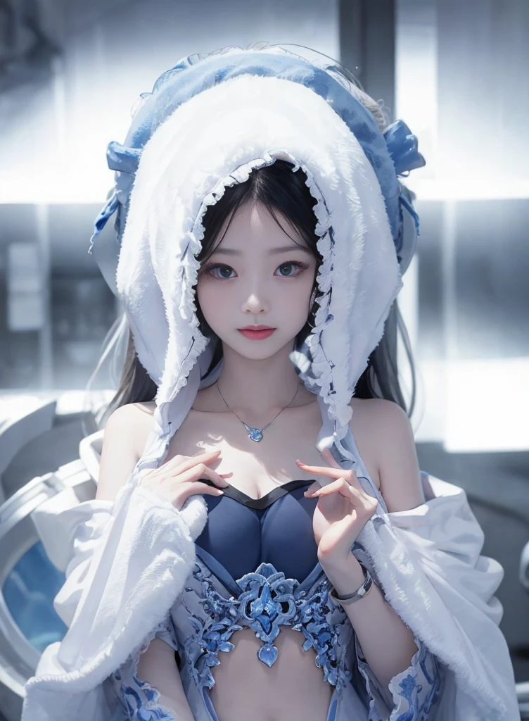 orange long hair,Nice face,Blue sling kini,Heterochromatic pupil,ssmile,apathy,Gini Coefficient,Full body photo,the soft light,large hat