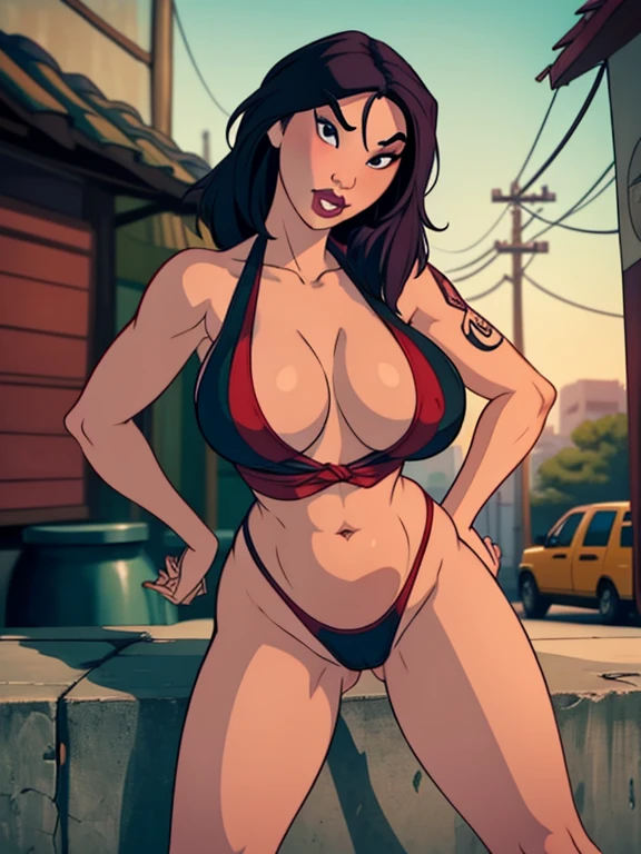 (photorealistic mulan working as a prostitute, ager, ), detailed face, facing viewer, dusk, masterpiece, dark lipstick, eyeshadow, hyperrealism, massive breasts and ass, (slingshot swimsuit, wedgie, pubic hair),(setting a street corner in a slum, medieval japan), massive breasts, x cup breasts, lipstick, sexual pose, slutty, narrow shoulders, tight waist, tattoos, leaning forward, posing seductively, standing with spread legs, facing viewer, noticeable pregnant belly