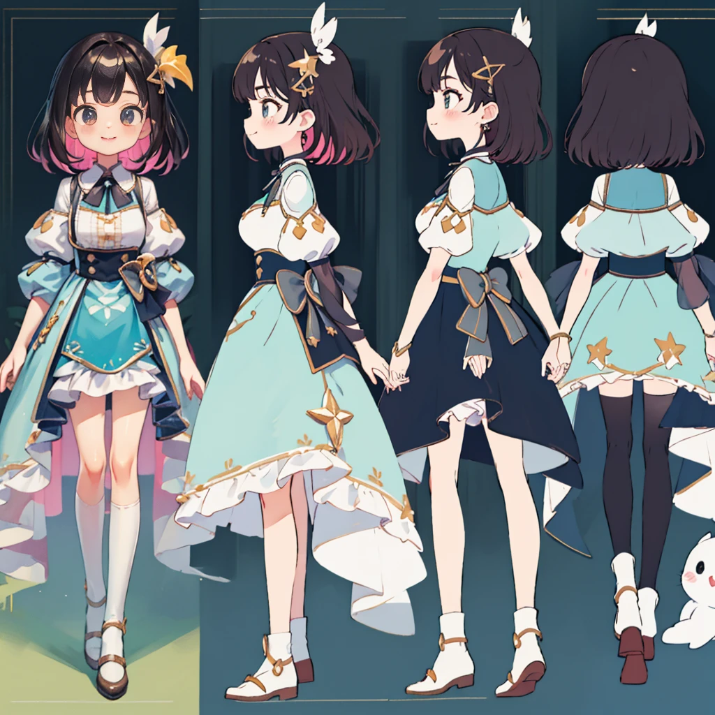 Chara Sheet,character reference sheet, 1 girl, CharacterDesignSheet, ((front-facing view, from side view)) symmetrical elements in clothing, Clothes simulation detection similar to CLO, Awesome designer, full body Esbian,clothes shiny, Images of girls, Better hands, quill, Girly, Sweet Decoration, Candy color scheme, dreamy scene, exquisitedetails, Small and exquisite, Sweet atmosphere, Romantic elements, Girlish emotions, Cute decorations, Sweet smile,colourfull