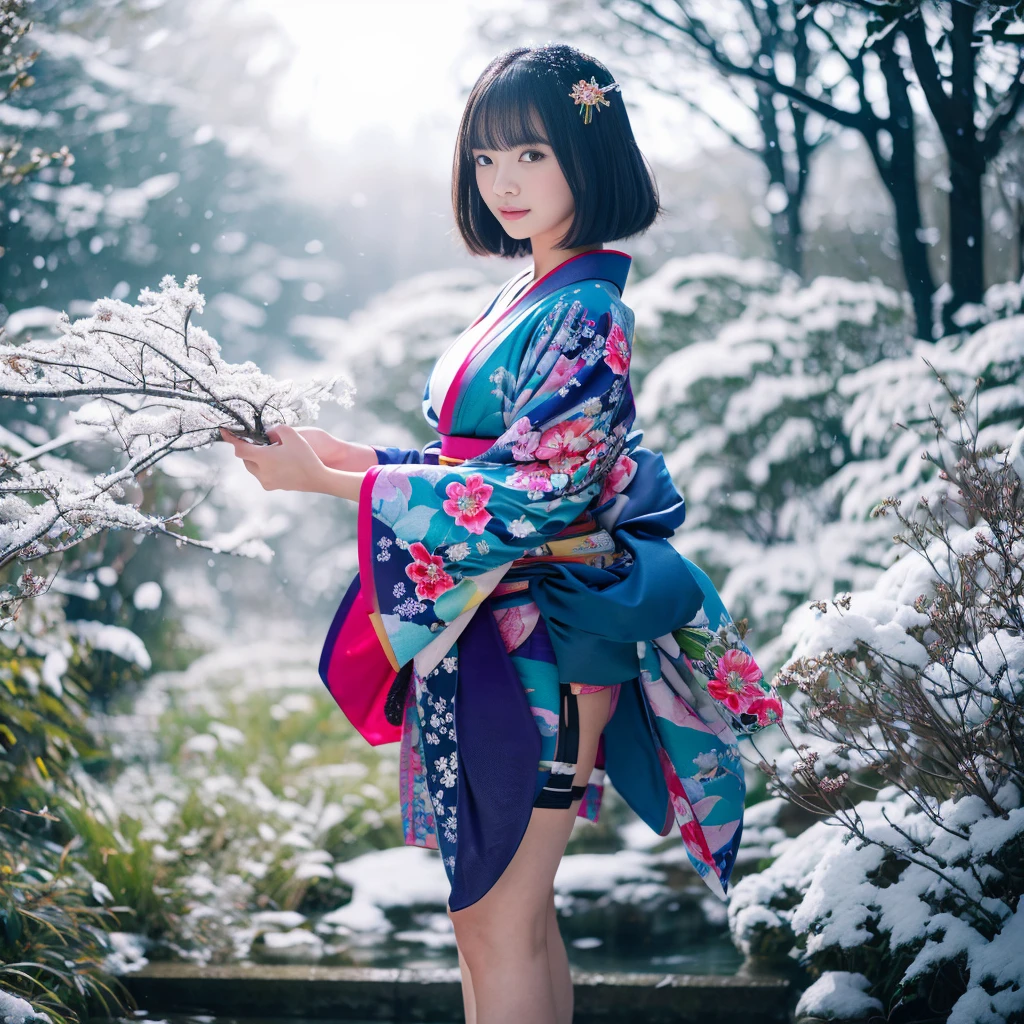 (Kimono)、(top-quality,masterpiece:1.3,超A high resolution),(ultra-detailliert,Caustics),(Photorealsitic:1.4,RAW shooting,)Ultra-realistic capture,A highly detailed,high-definition16Kfor human skin、 Natural skin texture、、The skin looks healthy with an even tone、 Use natural light and color,One Woman,japanes,kawaii,Beautie、A dark-haired,Very big big、Middle hair,(depth of fields、chromatic abberation、、Wide range of lighting、Natural Shading、)、(Falling snow:1.2)、(Hair swaying in the wind:1.2)、(Snow reflects light:1.1)、Cleavage can be seen through the exposed kimono、Legs visible through exposed kimono(Colorful garter belt)、pantie shot