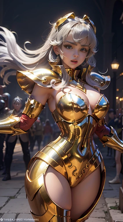 Na arena de artes marciais do Coliseu, in Greece、Torneios de Artes Marciais、Saint Seiya、Menina bonita、peito enorme、clivagem da mama、pernas de beleza、(((He wears shiny futuristic combat armor in metallic red.)))、Shiny silver chains are connected from all sides、Unbelievable number of glowing chains、Armado com correntes、((gritar))、((exclamation))、((poses de luta))、8k, qualidade superior, （beleza dos pelos pubianos）、alta resolução, force, pessoa real,