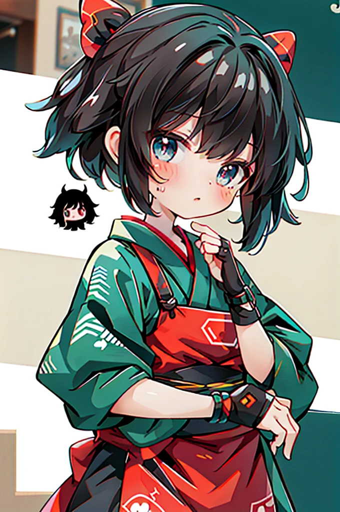 1girl in,,, Black_hair, breastsout, report,Brown hair,bob cuts).Blue eyes, fingerless glove aid_Have a white apron),Red ribbon on green and red kimono,((Chibi))