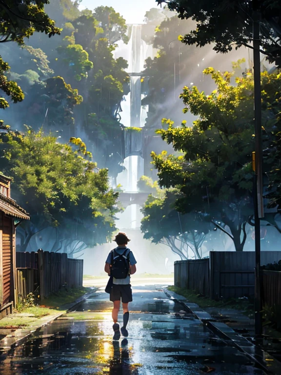 Create a Disney-style 3D illustration of a road in the rain in the Amazon rainforest where the occurred. Emphasis on realism and attention to detail in the environment, Including the texture of falling leaves, Rainforest landscape, and the soft illumination of the sun,A shallow rainbow. Make the scene look immersive,spellbinding, a high male studenng on the road.