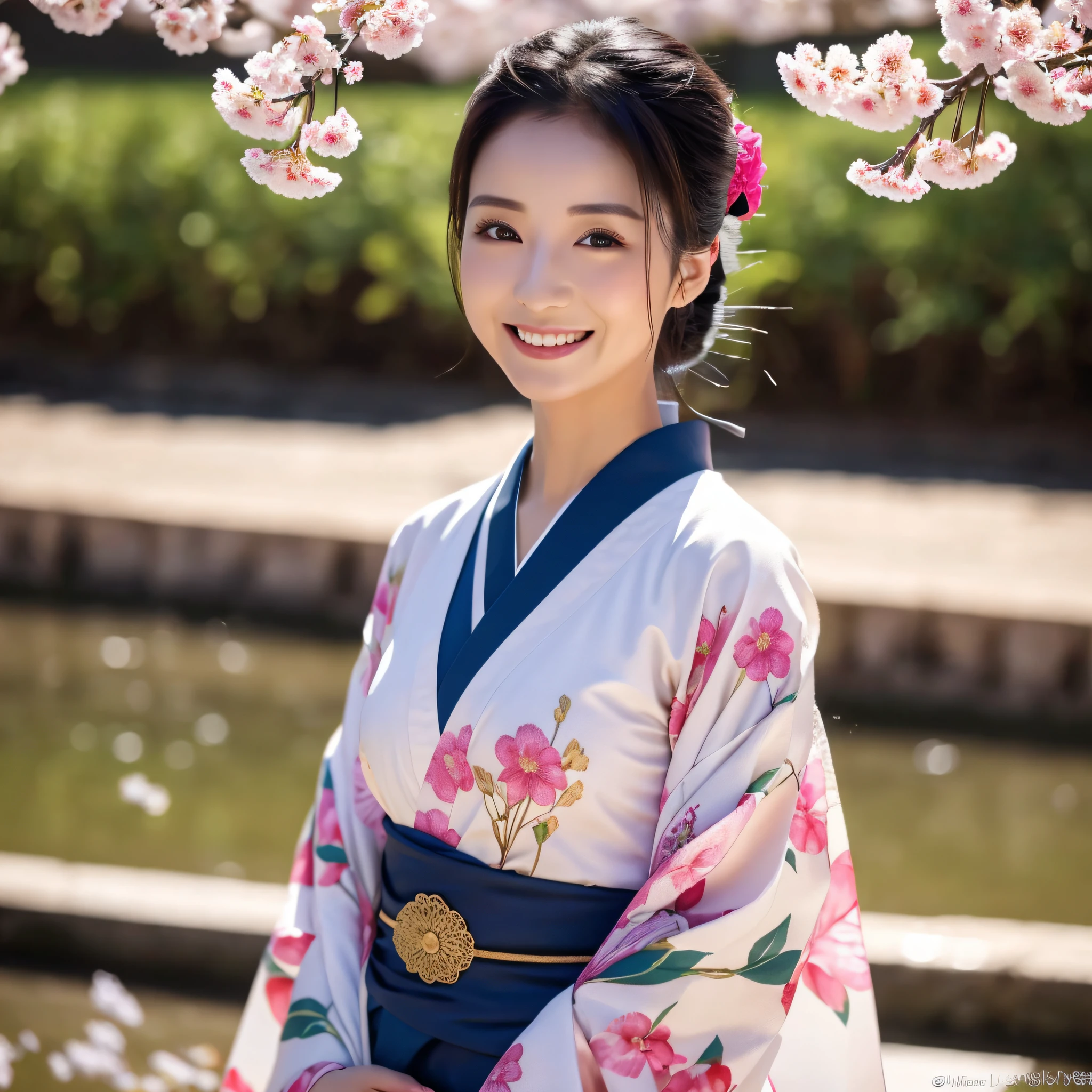 (Super beautiful woman in kimono)、((best qualtiy、8k masterpieces:1.3))、foco nítido:1.2、(ultra beautiful faces:1.0)、(shinny skin:1.0)、photos realistic、A dark-haired、Video Lighting、High-definition eyes and face、Video Lighting、Japanese actressl、from the front side、medium breasts、With a happy smile、Slender Abs Beauty、Whole body、wearing kimonos、cherry blossom in full bloom、luxury obi