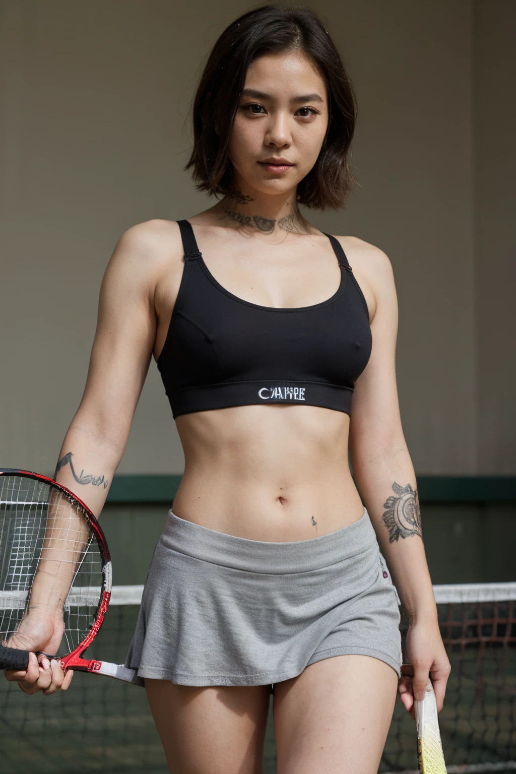 short haired asian girl tattoed in a coffe shop tight sport bra and mini tennis skirt