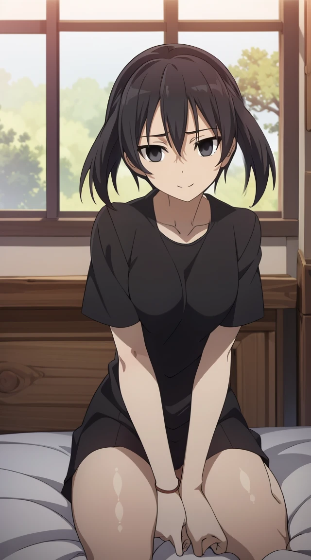 (masterpiece), best quality, expressive eyes, perfect face, kurome , black hair ,short twin ,short hair, black  eyes, , anime art style, official art, slightly head tilt,  pose,siting on bed , ((nude)),background modern bedroom on windows open, full body