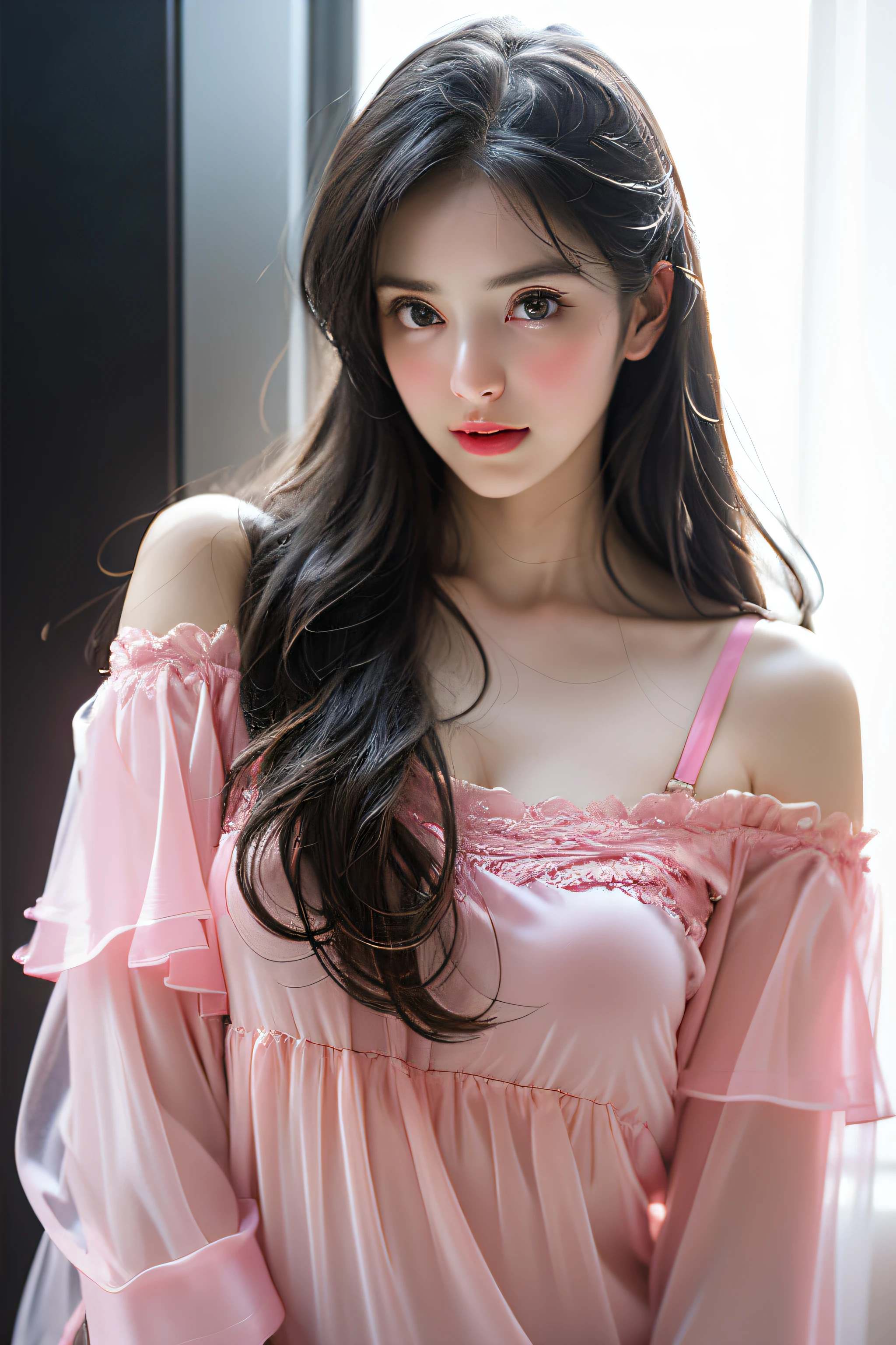  in bathroom，Wet pubic hair，Charming eyes，Heartwarming action，Turn your face away from the camera，stooped，，turn back，Look up at your head， silk pajamas ，thick long hair，Highly detailed body，Highly detailed face，best qualtiy,(Pink ),(Off-shoulder open-front translucent blouse),